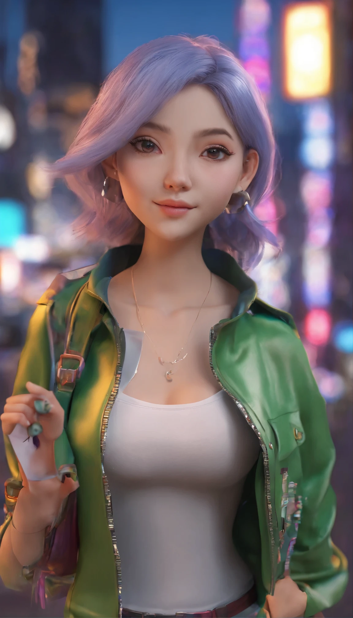 Portrait of a Girl:16K RAW Photo Masterpieces Amazingly Beautiful、The girl&#39;s asymmetrical multi-colored hair、Her calm grey eyes contrast with the nighttime cityscape behind her.、It is a vivid sight。Sleek and tight bodysuit、sleeves come off、Belly button covered、Adorned with a belt that cinch the waist perfectly。Interestingly、Her jacket is open、The hip vents are slightly visible。A girl with a cute and charming expression、Cover your mouth with your hands、It exudes a mysterious presence。Urban area