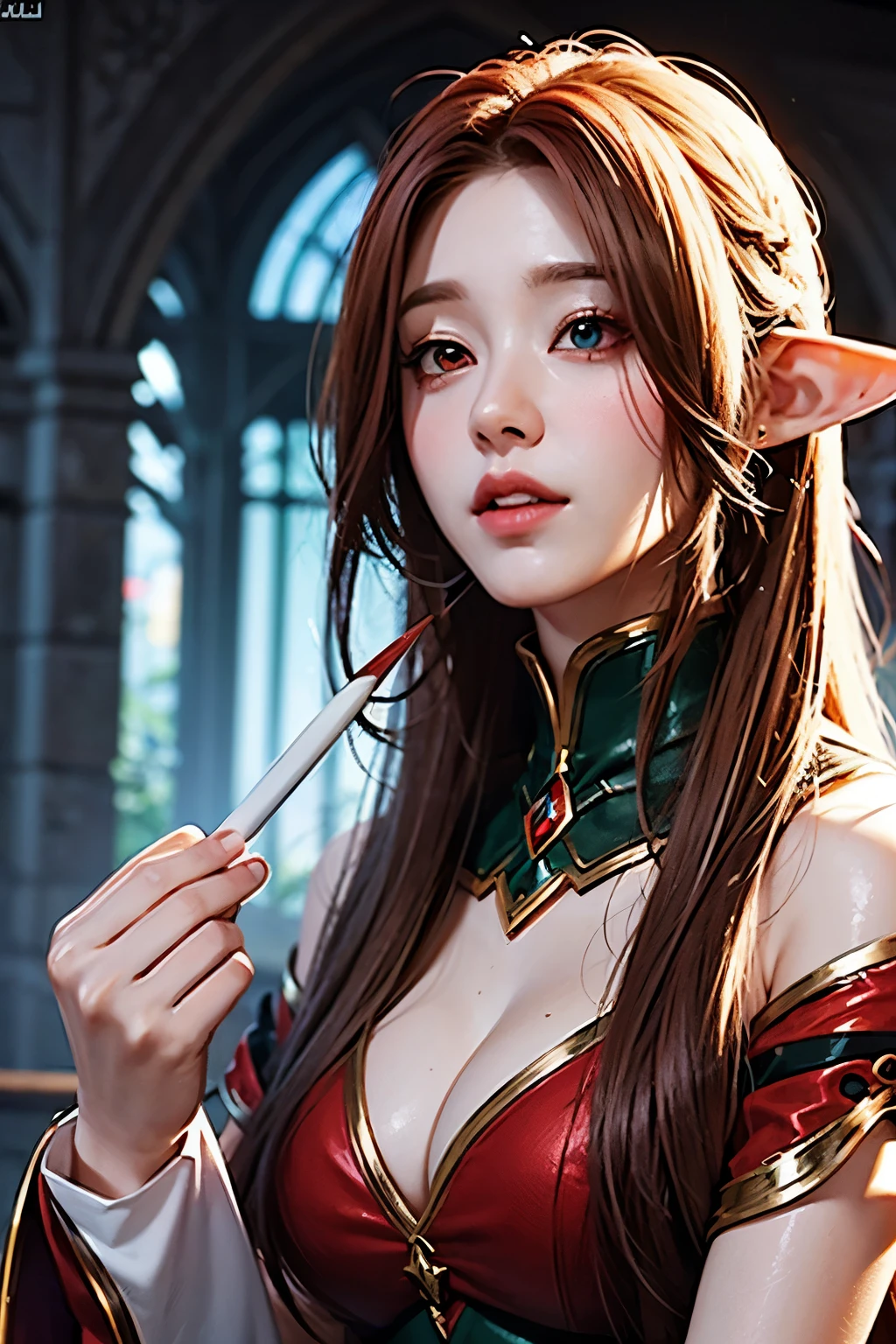 an RPG beautiful elf character, red eyes, white long hair