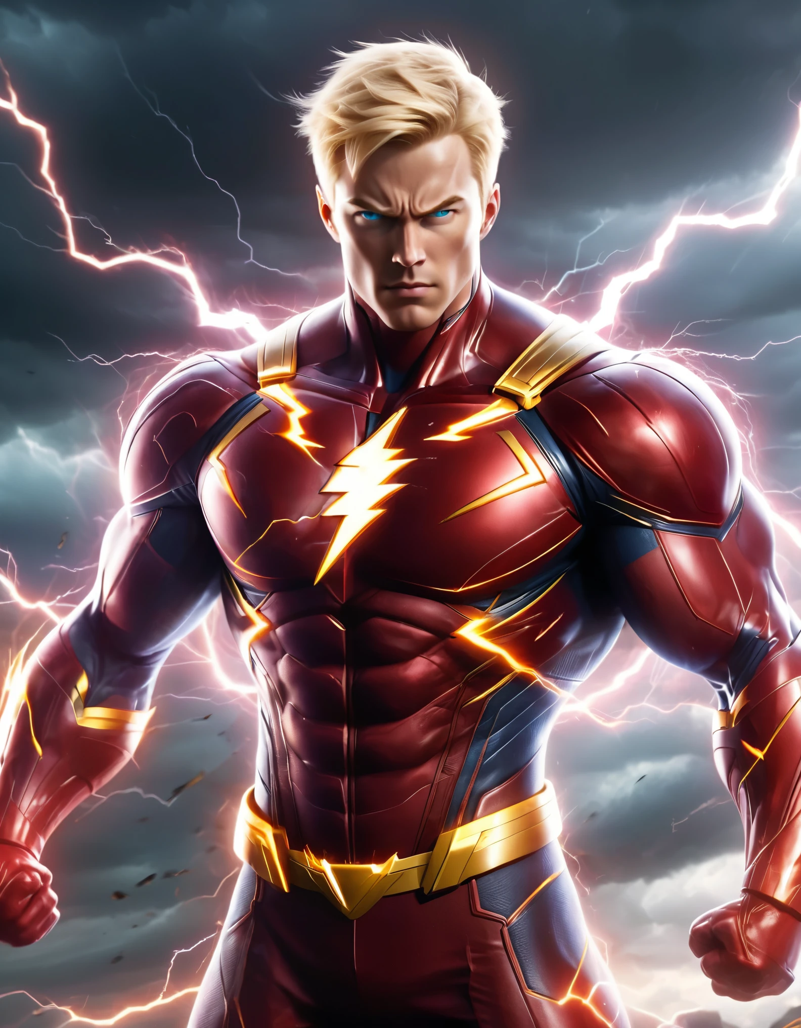 a powerful and muscular male superhero with a striking appearance. He has short, blonde hair and a determined expression, exuding confidence and strength. His costume is predominantly red and tightly fitted, highlighting his muscular build. The suit has a lightning bolt emblem on the chest, symbolizing speed and energy. He also wears golden accents, including a belt, bracers, and boots, adding to the heroic and regal look. Lightning bolts surround him, indicating his superhuman abilities related to speed and electricity. The background is dynamic, with dark clouds and streaks of lightning, emphasizing the intense and energetic nature of the character., photo realistic, 8k, vibrant colors
