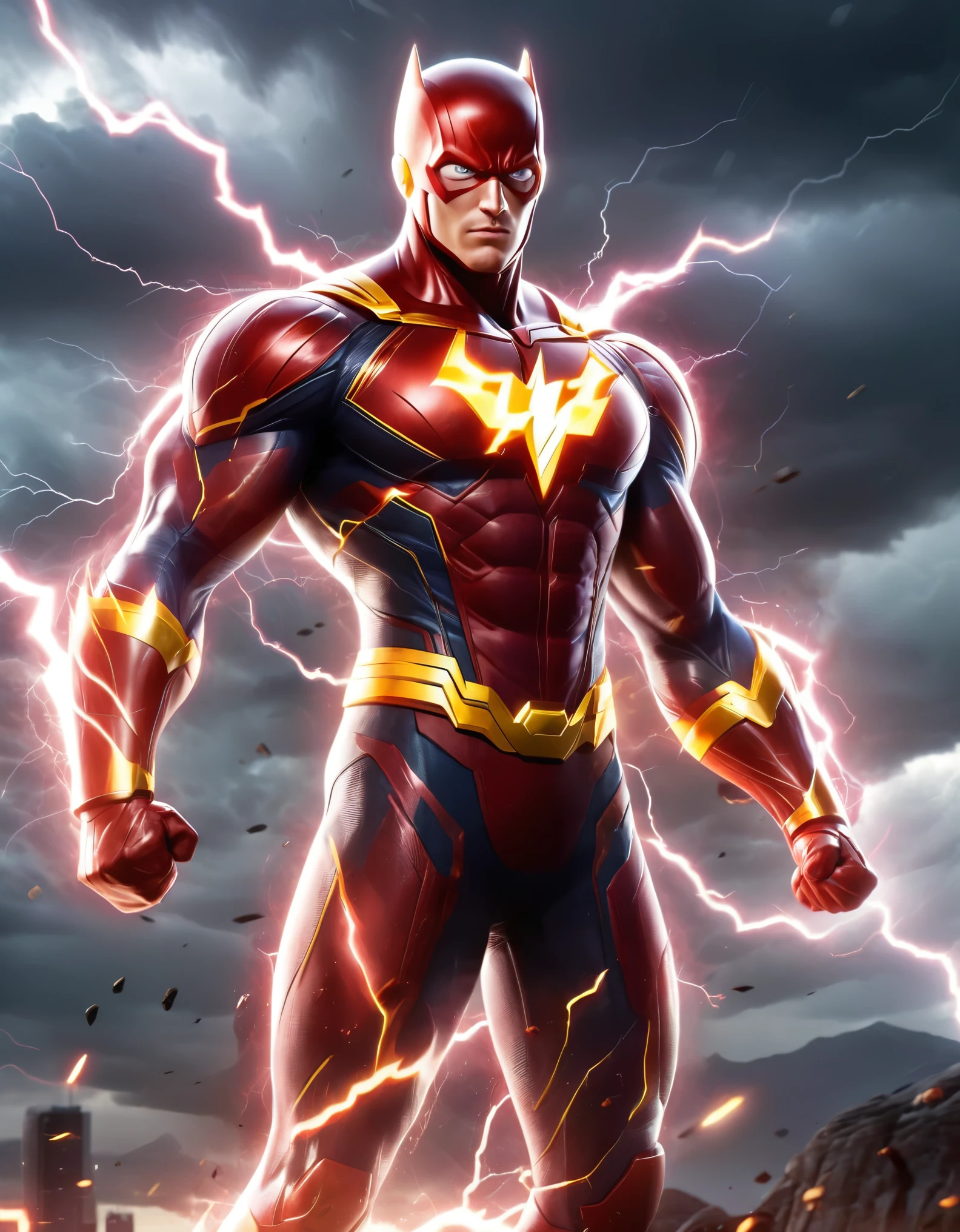 a powerful and muscular male superhero with a striking appearance. He has short, blonde hair and a determined expression, exuding confidence and strength. His costume is predominantly red and tightly fitted, highlighting his muscular build. The suit has a lightning bolt emblem on the chest, symbolizing speed and energy. He also wears golden accents, including a belt, bracers, and boots, adding to the heroic and regal look. Lightning bolts surround him, indicating his superhuman abilities related to speed and electricity. The background is dynamic, with dark clouds and streaks of lightning, emphasizing the intense and energetic nature of the character., photo realistic, 8k, vibrant colors
