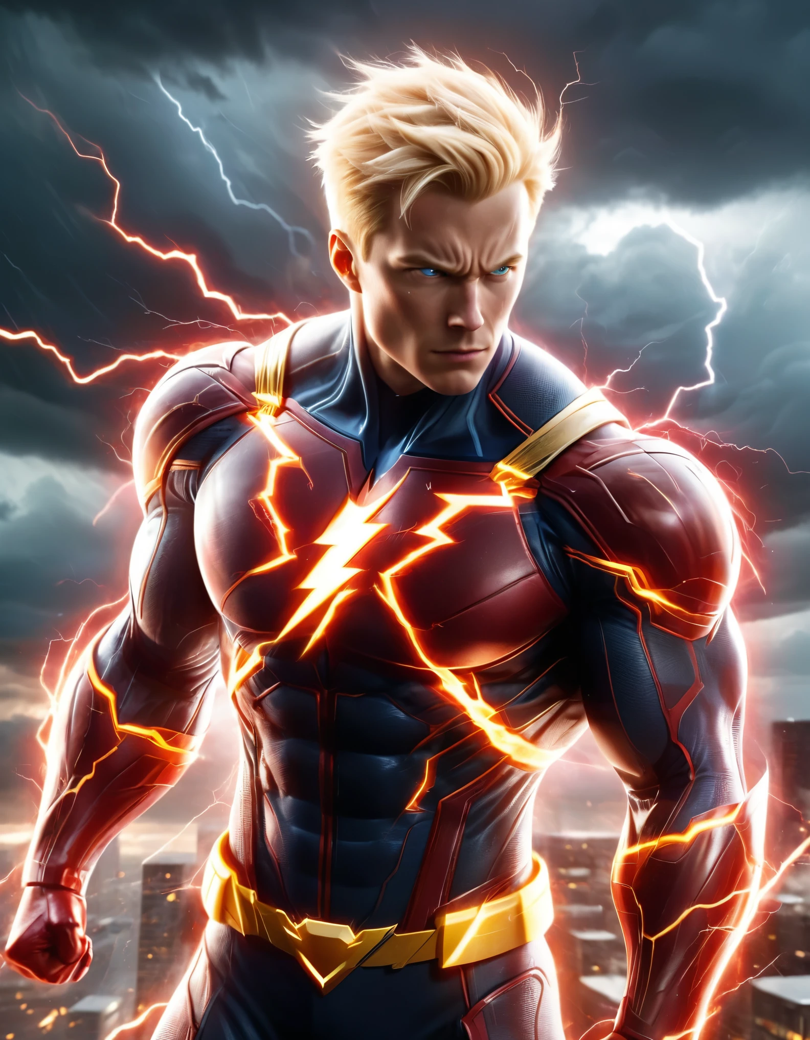a powerful and muscular male superhero with a striking appearance. He has short, blonde hair and a determined expression, exuding confidence and strength. His costume is predominantly red and tightly fitted, highlighting his muscular build. The suit has a lightning bolt emblem on the chest, symbolizing speed and energy. He also wears golden accents, including a belt, bracers, and boots, adding to the heroic and regal look. Lightning bolts surround him, indicating his superhuman abilities related to speed and electricity. The background is dynamic, with dark clouds and streaks of lightning, emphasizing the intense and energetic nature of the character., photo realistic, 8k, vibrant colors