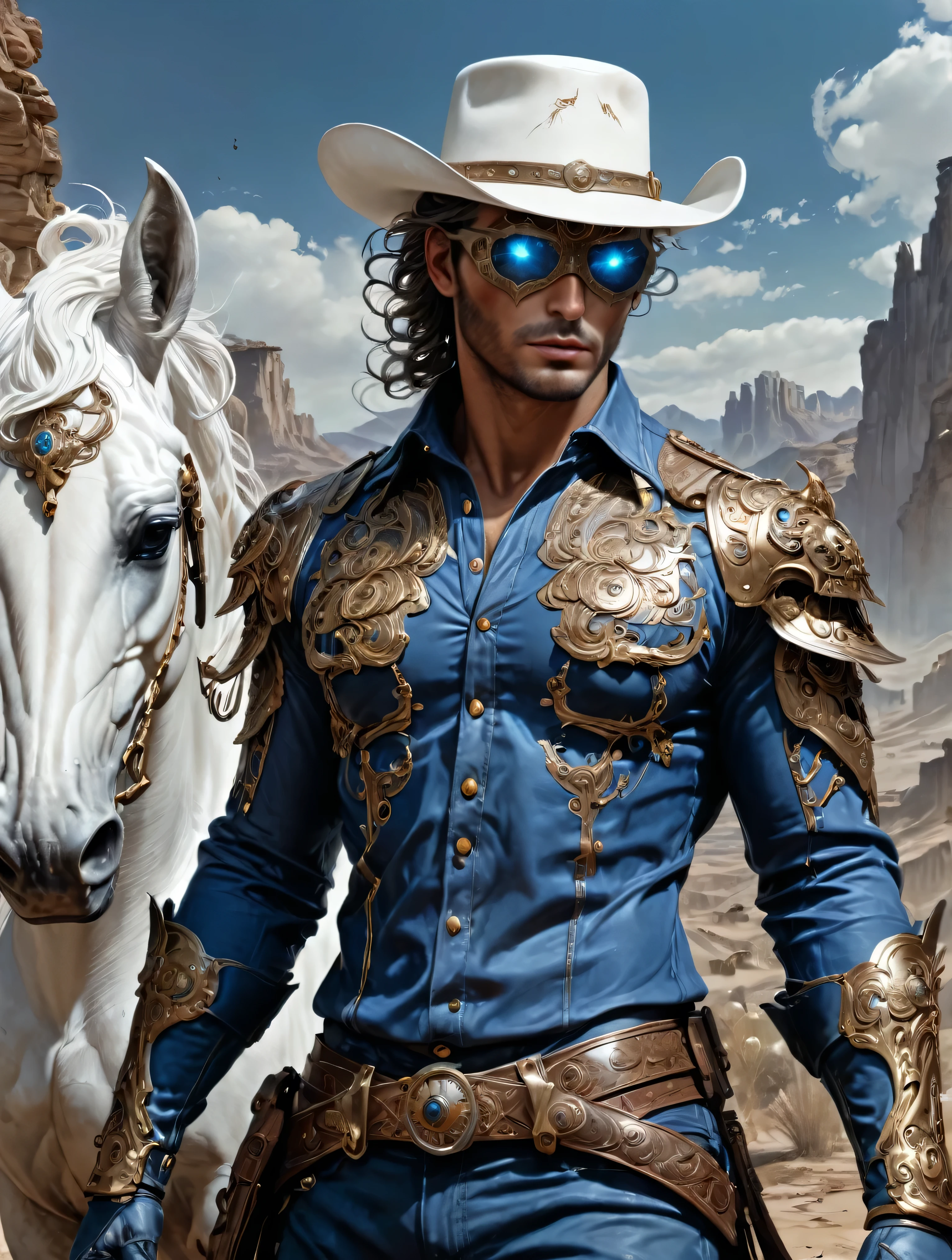 a caucasian Cowboy stuck in the Wild West, with hero mask over eyes, blue shirt, blue pants, white cowboy hat, black gloves, White horse, masterpiece, epic,8k,cinematic,trending on artstation and deviantart,ultra detailed