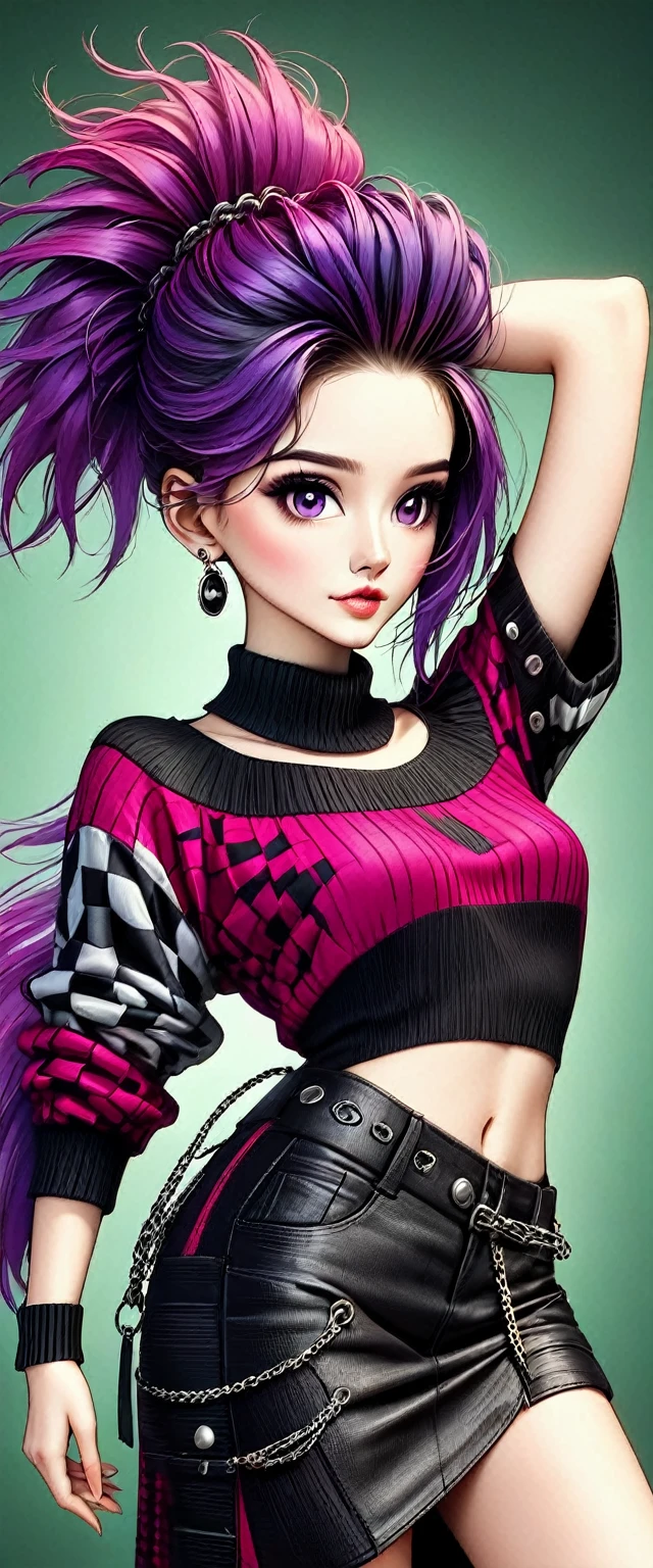 chica Modelo, Profesional:1.6, (mejor calidad,4k,8K,high resolution,obra maestra:1.2),ultra detallado,realista,estilo punk,moda punk,((tiro de cuerpo completo:1.5,tiro general:1.5)), rebelde,ropa con pinchos,Accesorios de cadena, rebelde pose,mohawk alto,cabello violeta,vistoso,fondo nervioso,studio lighting,dynamic pose y elegante