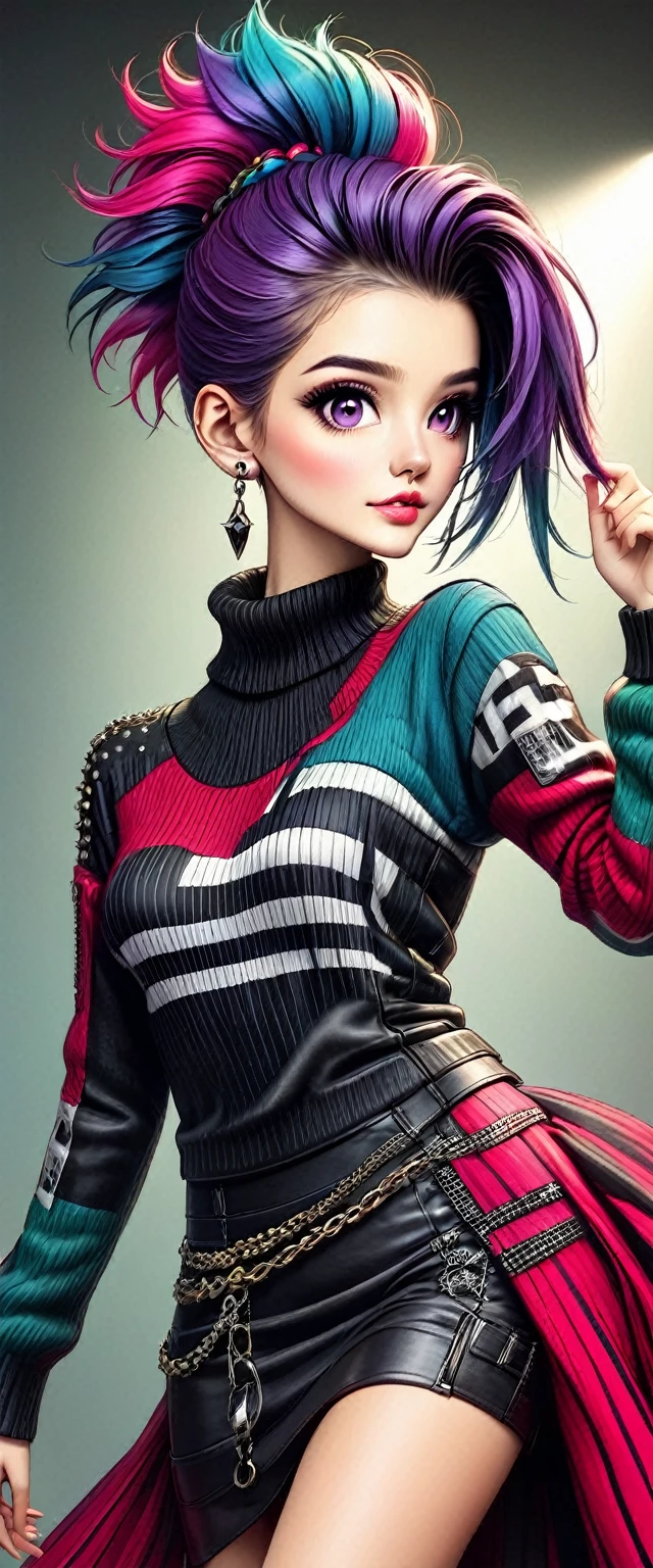 chica Modelo, Profesional:1.6, (mejor calidad,4k,8K,high resolution,obra maestra:1.2),ultra detallado,realista,estilo punk,moda punk,((tiro de cuerpo completo:1.5,tiro general:1.5)), rebelde,ropa con pinchos,Accesorios de cadena, rebelde pose,mohawk alto,cabello violeta,vistoso,fondo nervioso,studio lighting,dynamic pose y elegante