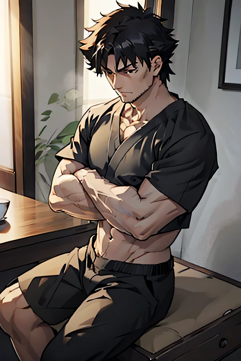 Kiritsugu is sitting and showing his abs. He wears black shorts. You can see his thighs. He looks stoic and serious. He has bulging veins on his arms. He is shirtless.