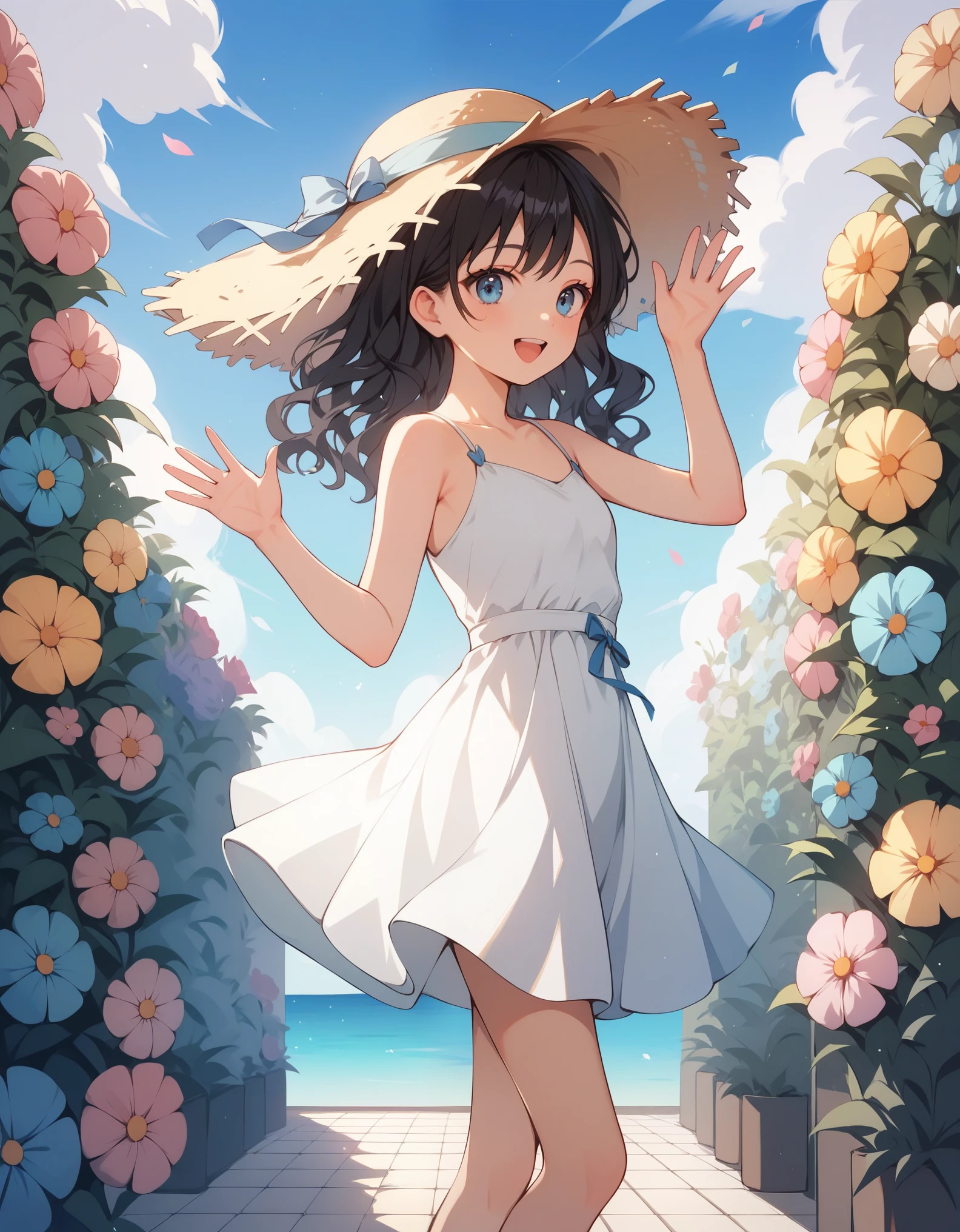 score_9, score_8_up, score_7_up, score_6_up, rating_safe, masterpiece, best quality, ultra detailed, anime style, 1girl, young, cute, (oily skin), (shiny body), (slender, lean, thin legs), long wavy hair, black hair, blue eyes, white dress, straw hat, waving, garden, colorful flowers, dancing, warm, beautiful face, happy, pov from side, 