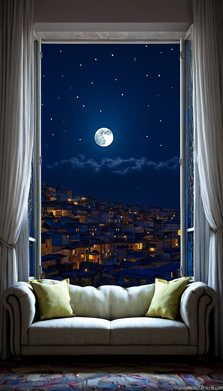 crea un sofa y un cojin  de noche con una gran ventana que se vea la luna estilo ilustracion de Ali Erturk, alto detalle, hiperrealista, luz natural,ilustracion , colores llamativos
