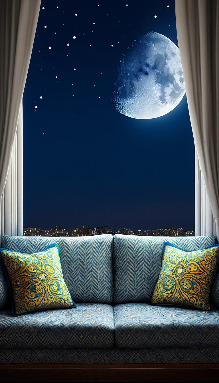 crea un sofa y un cojin de noche con una gran ventana que se vea la luna estilo ilustracion de Ali Erturk, alto detalle, hiperrealista, luz natural,ilustracion , colores llamativos