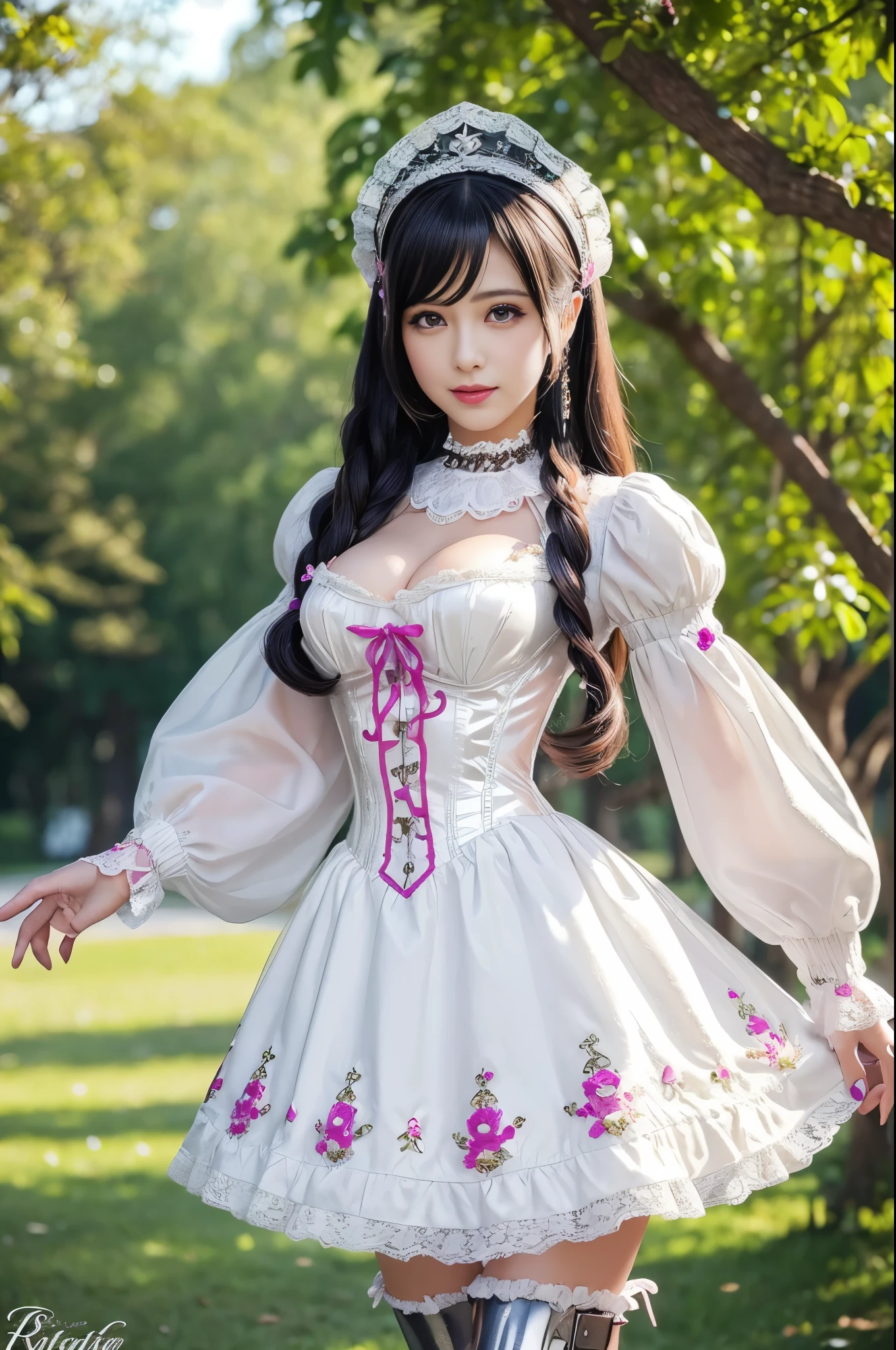 sexy stylish Spanish model, only 1 female, ((doll-like appearance)), ((very detailed Victorian-Style boots)), (smiling face), very detailed eyes, vivid eye makeup, lipgloss, long lashes, defined eyebrows, ((sexy Paradise Kiss cosplay)), bell-shaped skirt, petticoats, high neckline, puffed sleeves, ((very detailed lace)), ((very detailed embroidery)), intricate details, Paradise Kiss accessoires and matching headpiece, Paradise Kiss choker, ((large sparkling Paradise Kiss jewelry)), cinematic light, detailed large park background with trees