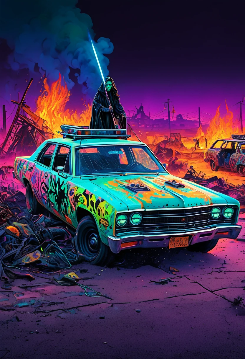 Mad Max style grafitti,1960’s horror style,witches,fire,neon laser,pastel colors,hard style grafitti,art,horror comic,wasteland,apocalyptic