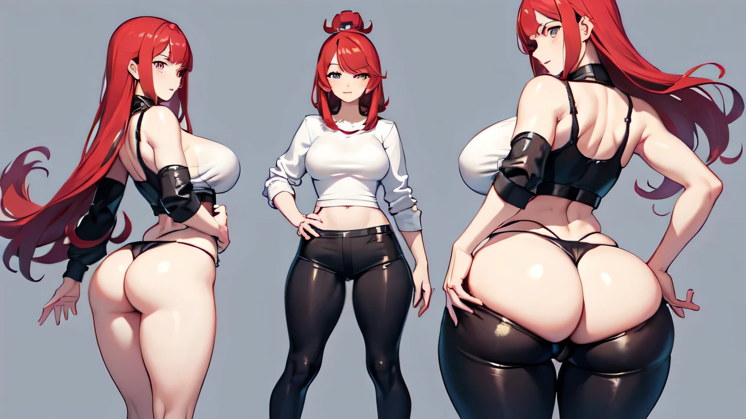 ((melhor qualidade)), ((obra de arte)), (detalhado), uma mulher adulta, olhando pro espectador, rosto perfeito, quadris largos e macios, focus on glutes, big, soft glutes, seios macios, seios lindos e marcados, back view, blusa banca, hidden hands, magra, shy, corada, em plano de fundo VAZIO, seios grandes, linda, duplo v, black pants, vergonha, perky glutes, cabelo curto, cabelo vermelho, olhar com vergonha, corada, sexy, sexy, garota de anime com bunda grande em shorts de couro preto e blusa preta, fofosexyrobutts, Oppai, curvando-se, Coxas grossas, Oppai, estilo de anime ecchi, detalhes finos. linha de frente das s, ecchi, Oppai proportions, (SFW)