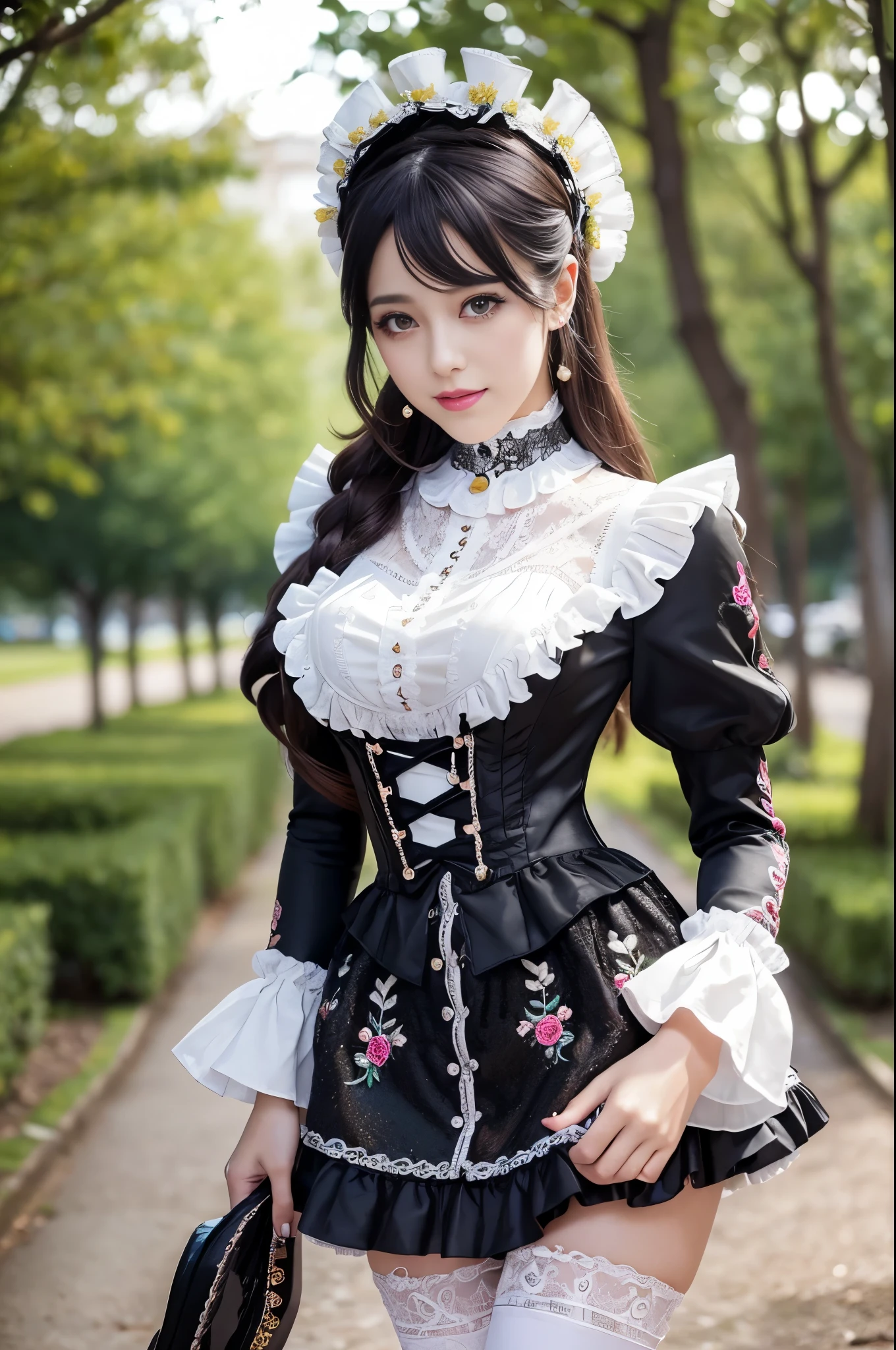 sexy stylish female model, only 1 female, ((doll-like appearance)), ((ultra detailed Victorian-Style boots)), beautiful smile, ultra detailed eyes, vivid eye makeup, lipgloss, long lashes, defined eyebrows, ((sexy Paradise Kiss cosplay)), bell-shaped skirt, petticoats, high neckline, puffed sleeves, (( ultra detailed lace)), ((ultra detailed embroidery)), intricate details, Paradise Kiss accessoires and matching headpiece, choker, ((large sparkling Paradise Kiss jewelry)), cinematic light, detailed large park background with trees