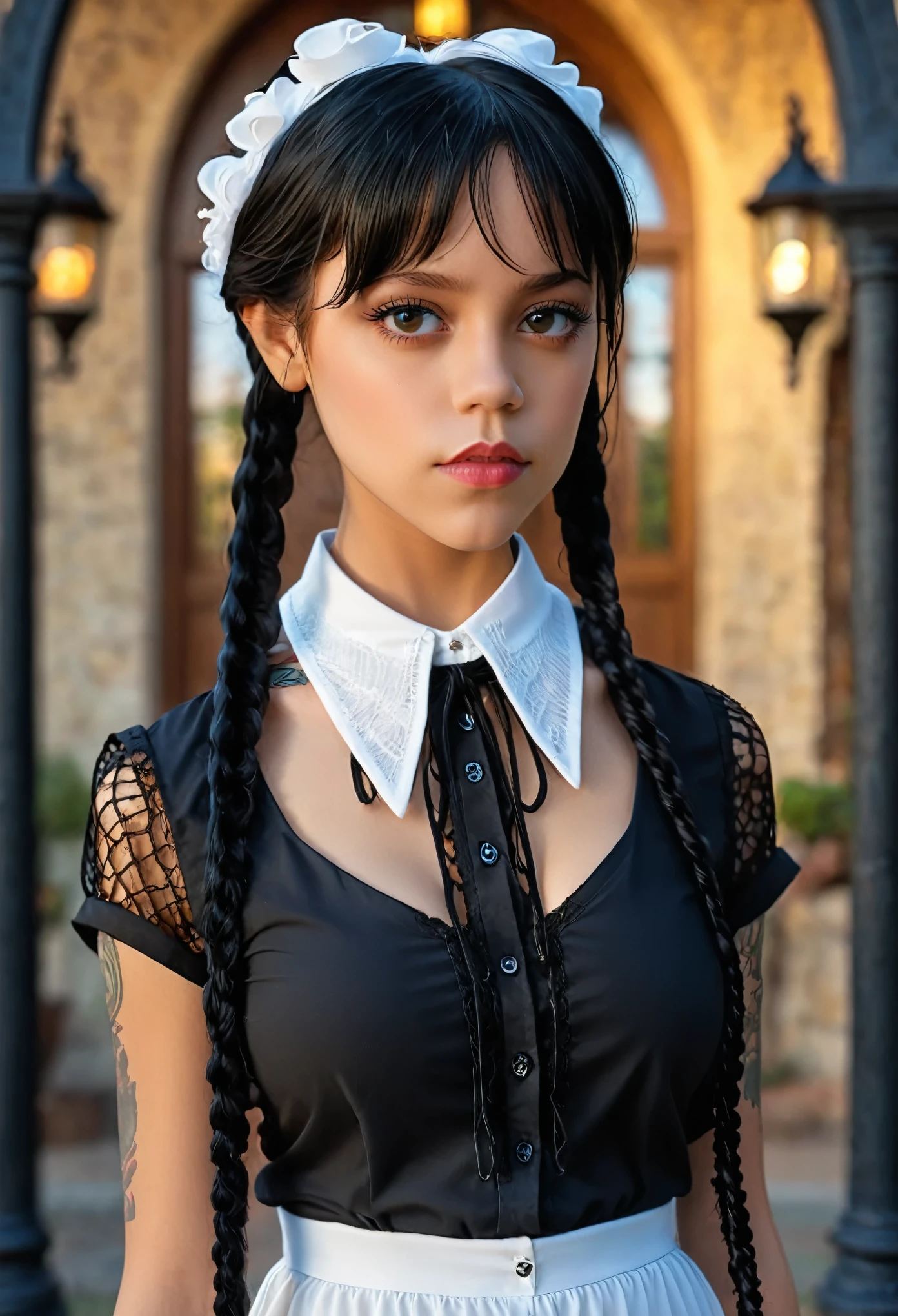 (fullbody):1.8, Arafed woman looks like Jenna Ortega with braids in a ((white dress and laced shirt, big breast):2.9), as Mittwoch Addams, Mittwoch Addams, she has white eyes!!!, Sie hat schwarze Haare mit Pony, with black pigtails, she has a sweet face, ((UnrealEngine5 epic masterpiece, ultra best quality, detailed, ultra sharpness focus, ultra high-resolution, ultra high-definition, UHD, HDR, vibrant DSLR vivid moonset)), colorful lighting, Evelyn Celebrian, blackess elf tanmed skin epic eyes breasts pubic tattoo, looking at viewer, Epic Cute, Eiffel reflection varies multi etc.
