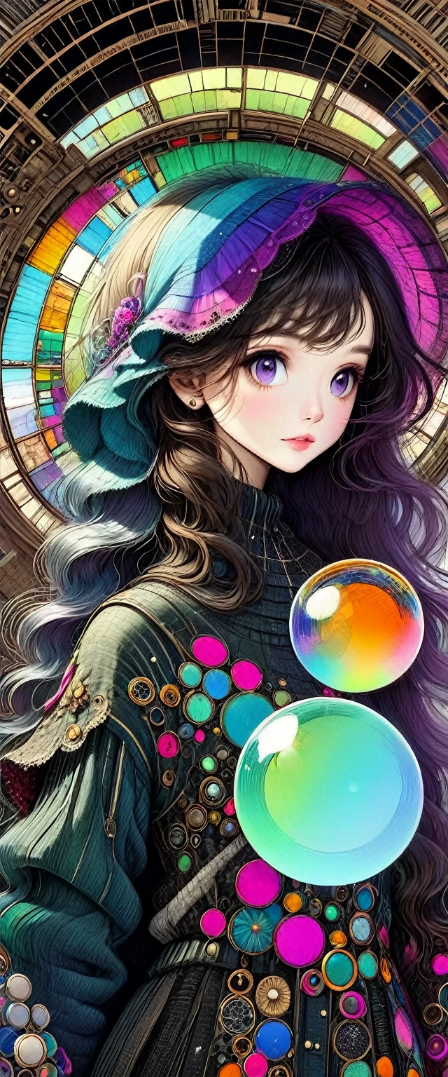 (mejor calidad,32K,High Definition,4x ,ultra sharp, high resolution, profesional) ,cinematographic, fisheye photography:1.6,1 beautiful girl in technical clothing, mechanical spider, circles, fractales,(arte de contorno negro) by Yoshitaka Amano,Travis Charest. colores, tierra, cian, amarillo, verde. magenta, violeta, cian, HD