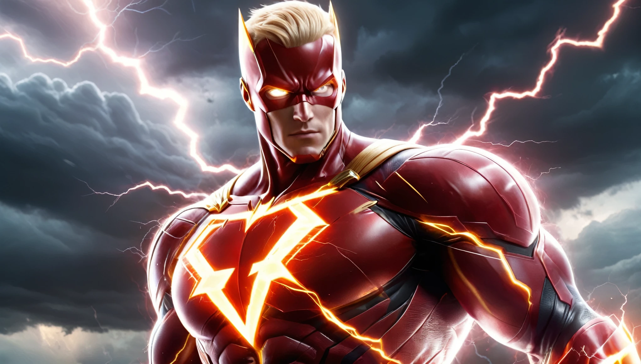 a powerful and muscular male superhero with a striking appearance. He has short, blonde hair and a determined expression, exuding confidence and strength. His costume is predominantly red and tightly fitted, highlighting his muscular build. The suit has a lightning bolt emblem on the chest, symbolizing speed and energy. He also wears golden accents, including a belt, bracers, and boots, adding to the heroic and regal look. Lightning bolts surround him, indicating his superhuman abilities related to speed and electricity. The background is dynamic, with dark clouds and streaks of lightning, emphasizing the intense and energetic nature of the character., photo realistic, 8k, vibrant colors