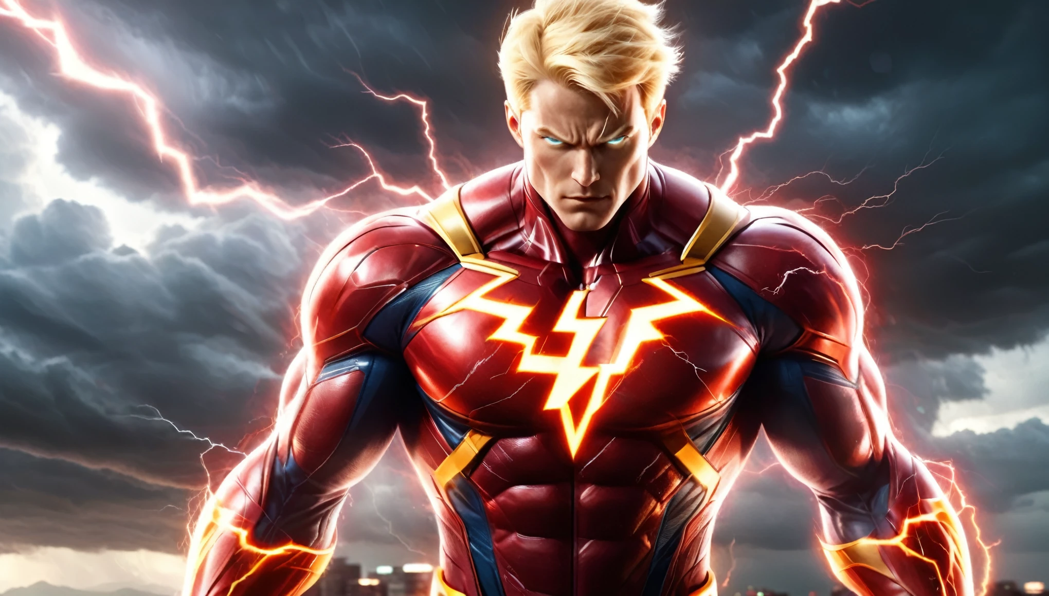 a powerful and muscular male superhero with a striking appearance. He has short, blonde hair and a determined expression, exuding confidence and strength. His costume is predominantly red and tightly fitted, highlighting his muscular build. The suit has a lightning bolt emblem on the chest, symbolizing speed and energy. He also wears golden accents, including a belt, bracers, and boots, adding to the heroic and regal look. Lightning bolts surround him, indicating his superhuman abilities related to speed and electricity. The background is dynamic, with dark clouds and streaks of lightning, emphasizing the intense and energetic nature of the character., photo realistic, 8k, vibrant colors
