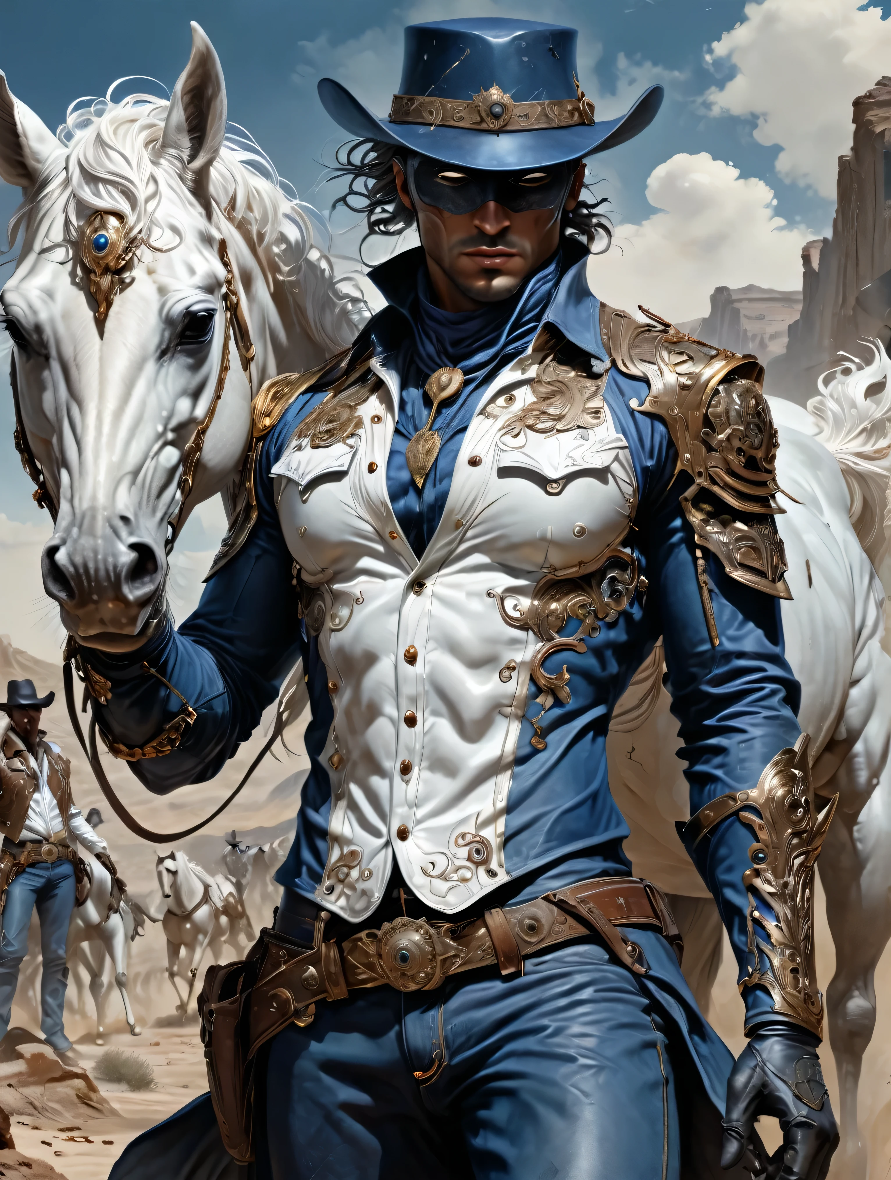 a Cowboy stuck in the Wild West, with black hero mask, blue shirt, blue pants, white cowboy hat, White horse, masterpiece,kbak style,epic,8k,cinematic,trending on artstation and deviantart,ultra detailed