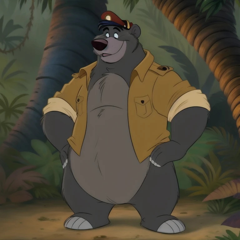 ((masterpiece, best quality)),solo, disney, disney style,  talespin, talespin style, 2d cartoon, cartoon accurate,  Baloo, standing, full body, black eyes, furry, bear,  sloth bear, grey fur,  tail, (bear tail:1.2), no humans, jungle, jacket, hat,  naval, 