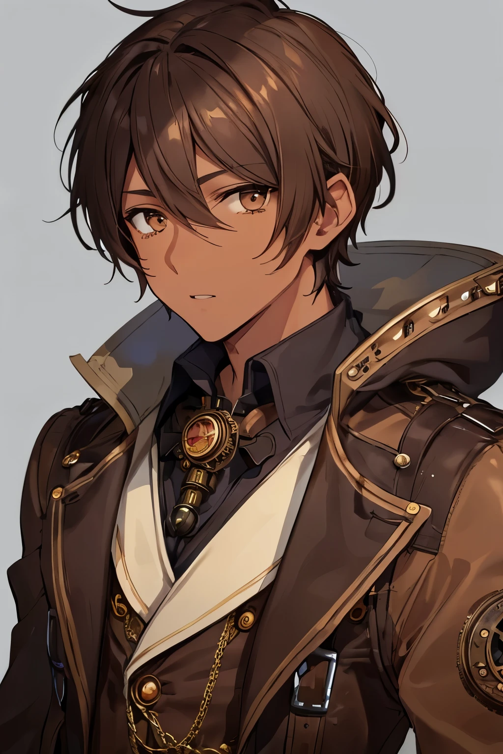 (((Brown skin)))，(((male)))，(((Brown Hair)))，(((downturned eyes)))，(((short hair)))，(((steampunk costume)))