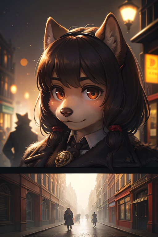 (Extreme Perspective:0.75) , Depth and foreground , rule of thirds , old Cine Lenses , Bokeh , realistic hairy fur , round face , round eyes , Swollen cheeks , hair ties , 1900s Foggy London city , Sherlock Holmes style movie , Detective woman , (Hiding behind things)