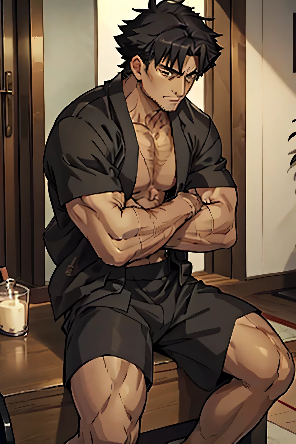 Kiritsugu Emiya is sitting in black boxershorts and flexing his thighs