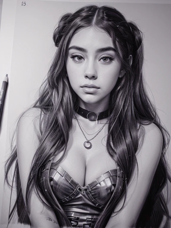 8k, SekyToon, a drawing of a woman with long hair and a necklace, Madison Beer Girl Portrait, realistic sketch, Ariana Grande portrait, realism drawing, Anitta portrait, Portrait of Anitta, art sketch, Billie portrait Eilish, pencil drawing, sketch art, realistic hypersketch, Ariana Grande painting, solo portrait, Billie Eilish portrait
