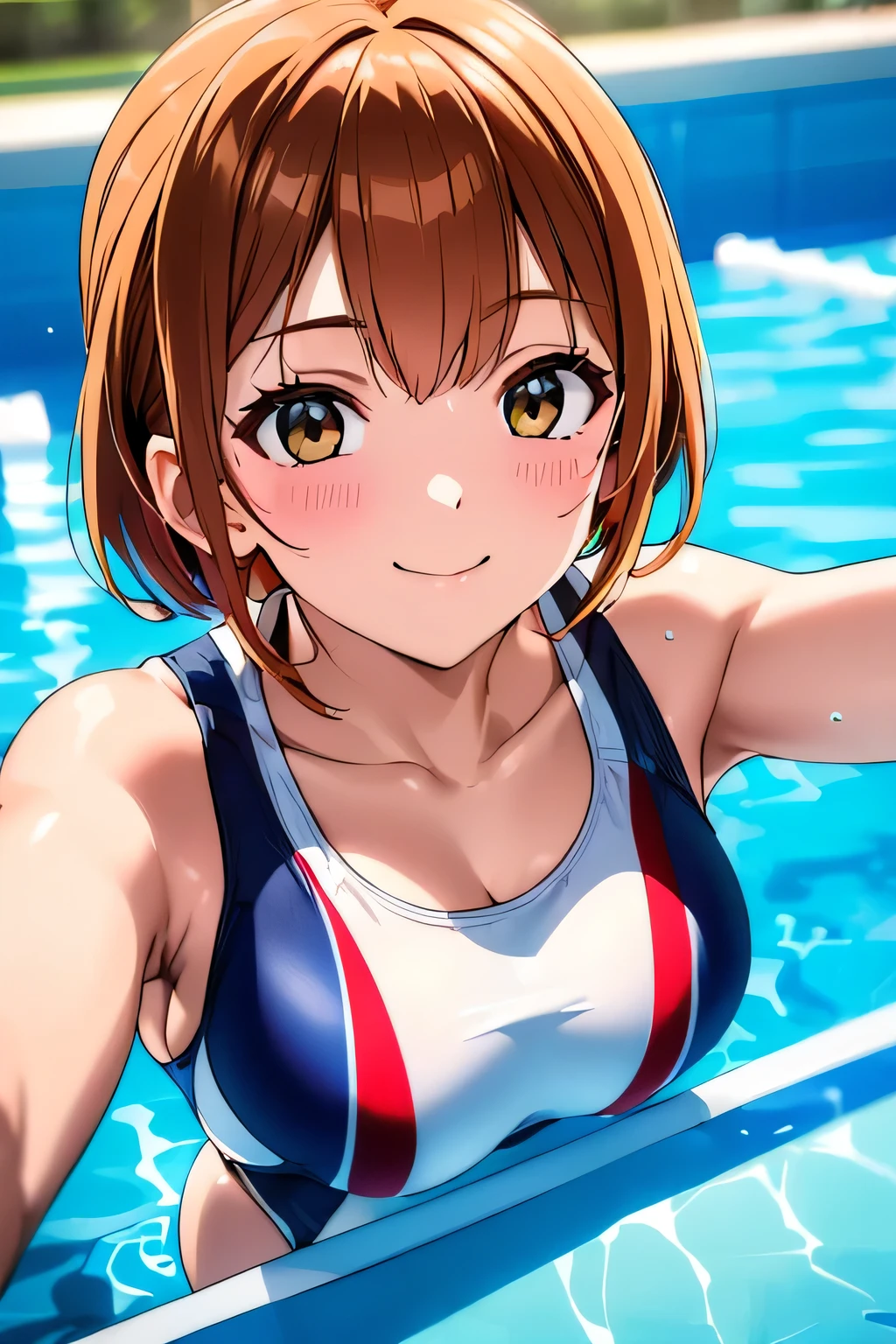 (((Competition diving board:1.3))),(((Sports towel))), (((Competition Pool 1.3))),((Competition Swimwear:1.7)),(((White one piece swimsuit))),Expressing happiness with a smile,Cute Face,Extreme close up of face,Shiny light brown and orange striped short hair,Perfect round face,iris,(hairpin、Floating Hair、),Big Breasts.Professional Lighting,Cinematic Light,(Tabletop,highest quality,Ultra-high resolution output images,) ,(8K quality),(Picture Mode Ultra HD),