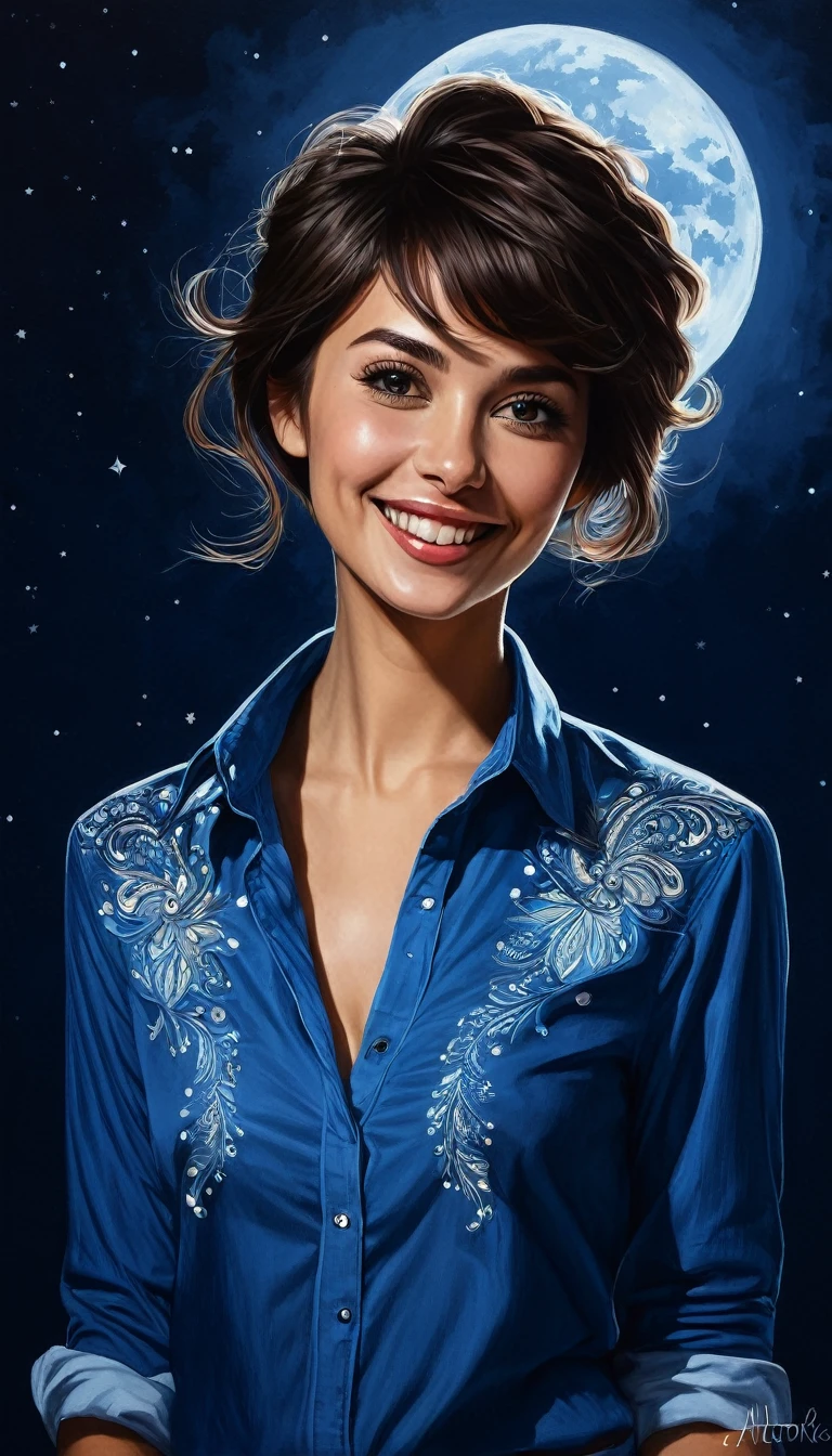 crea un fondo oscuro con luna con una mujer pelo corto pixie sonriendo ,con camisa azul con cuello allto , obra maestra, estilo ilustracion de Ali Erturk, alto detalle, hiperrealista, luz natural,ilustracion , colores llamativos