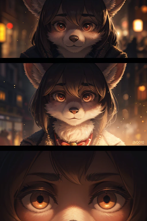 (Extreme Perspective:0.75) , Depth and foreground , rule of thirds , old Cine Lenses , Bokeh , realistic hairy fur , round face , round eyes , Swollen cheeks , hair ties , 1900s Foggy London city , Sherlock Holmes style movie , Detective woman , (Hiding behind things)