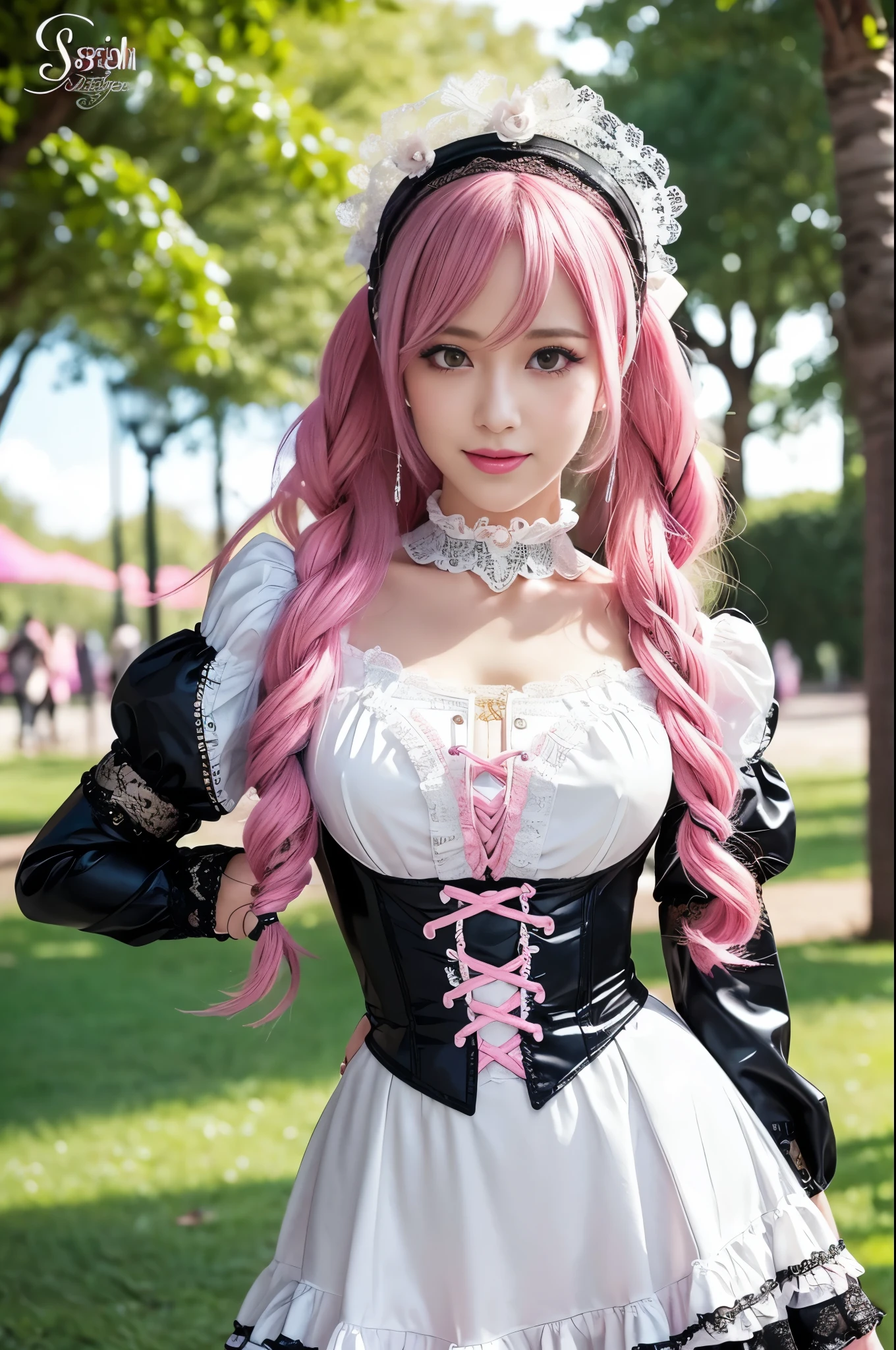 sexy stylish Swedish model, only 1 female, ((doll-like appearance)), long neon pink stylish hair, ((shiny Victorian-Style boots)), beautiful smile, ultra detailed eyes, vivid eye makeup, lipgloss, long lashes, defined eyebrows, ((sexy Paradise Kiss cosplay)), bell-shaped skirt, petticoats, high neckline, puffed sleeves, (( ultra detailed lace)), ((ultra detailed embroidery)), intricate details, Paradise Kiss accessoires and matching headpiece, choker, ((large sparkling Paradise Kiss jewelry)), cinematic light, detailed large park background with trees 