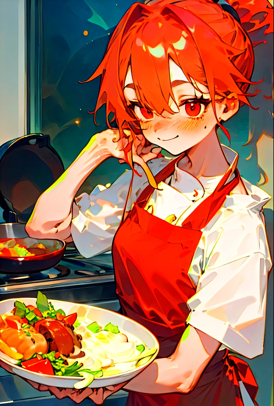 1 girl、solo、Cooking in the kitchen、plate of delicious food、apron、ponytail、orange hair、round red eyes、Blushing cheeks、smile、((kitchen))、tomboy、boyish、Clothes based on green and orange colors、upper body close-up、highest quality、masterpiece