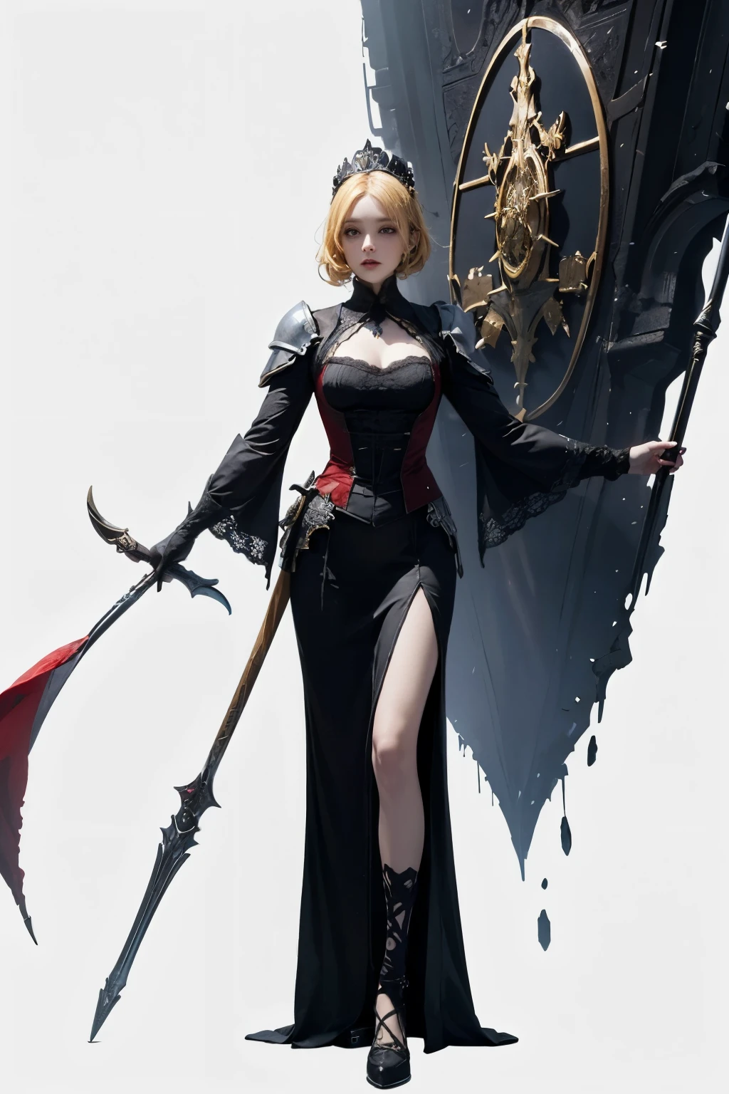 mpts
Copy
A female knight,Melon seed face,Yellow hair,diadems, hyper HD, Wide-angle, Bokeh, Wide-angle, 1080p, High details, High quality, High Quality anime art style, Masterpiece, white background, plain background, bloodborne inspired, bloodborne, plain white background, ornate gothic attire, gothic, occult aesthestic, occult, whole body, full body, body, ornate mourning wear, templar inspired, red and white clothing,