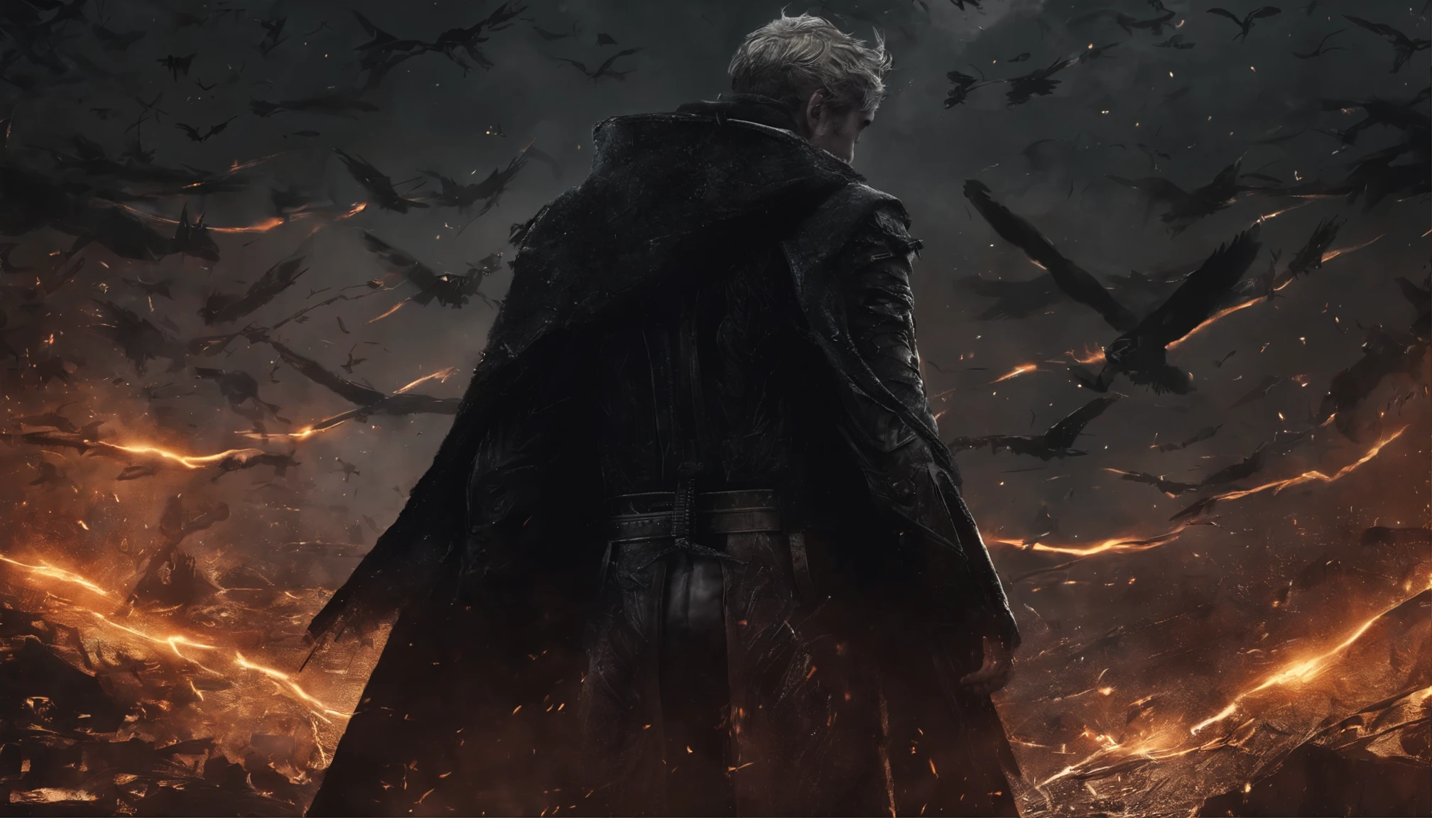 apocalpyse Fallen male Angel, dark, dirty body, face to viewer, beautiful face, fire, inferno, sparks, background, industrial wings, Biomechanical, eerie, Dream-like, Very dark colors, Light particles, with light glowing, Lucifer, wallpaper art, UHD wallpaper, fire sparks,