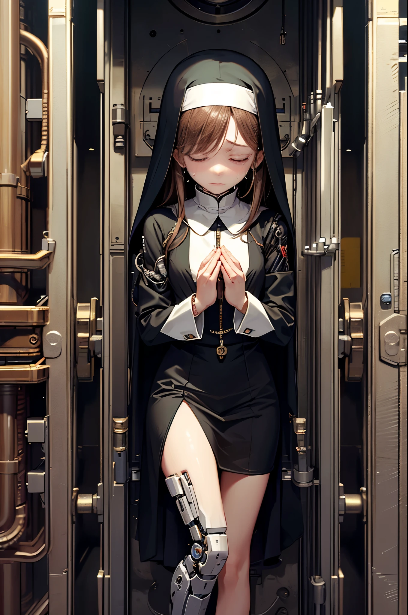 , sad half of her face is machine, mechanical jaw, cyborg arm, cyborg leg, long brown hair, crying, connected to a machine, wires connected to the body , nun dress , hands praying no bra ,