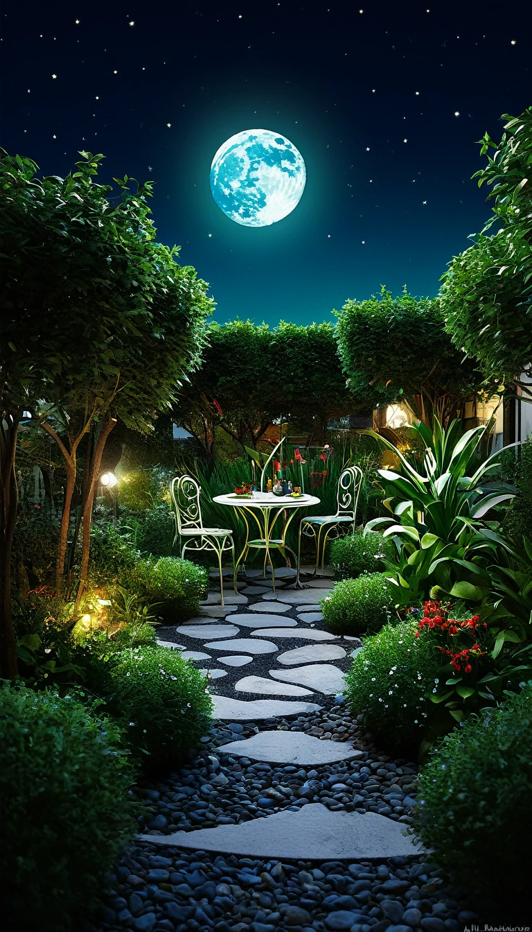 crea un jardin de noche con luna llena estilo ilustracion de Ali Erturk, alto detalle, hiperrealista, luz natural,ilustracion , colores llamativos