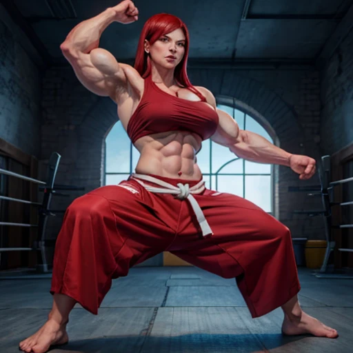 Erza beim Karate, Black belt karate gi, Barefoot, muscular physique, Erza macht Bodybuilding, sie ist eine 20 Jahre alte junge Frau Huge muscular biceps, Breite, muscular shoulders, Bauchmuskeln, Abs, Her big muscles rip through her karate gi, Full body image, Meisterwerk, Highest details