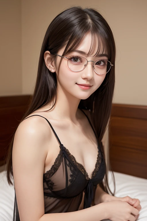 1人のgirl, (a beauty girl, delicate girl:1.3), (24-years-old:1.3),
break, (negligee:1.4),
break, Definition of very fine particles, (Symmetrical eyes:1.3),
break, (Lie down in bed、Bring your arms together:1.4、Bedroom:1.3),
break, Mid-chest, Brown eyes, Parted bangs, Black Hair, girl,
break, (Eye and facial details:1.0),belly button、seductive smile、blush、Round Glasses、Braided、
break, (masterpiece, highest quality, Very detailed, Detailed face, 8k)