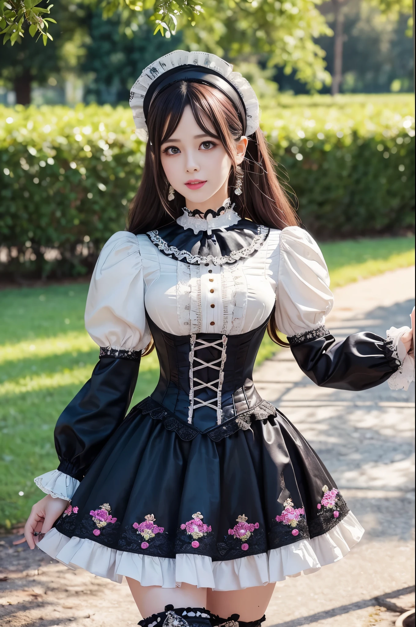sexy stylish female model, only 1 female, ((doll-like appearance)), ((ultra detailed Victorian-Style boots)), beautiful smile, ultra detailed eyes, vivid eye makeup, lipgloss, long lashes, defined eyebrows, ((sexy Paradise Kiss cosplay)), bell-shaped skirt, petticoats, high neckline, puffed sleeves, (( ultra detailed lace)), ((ultra detailed embroidery)), intricate details, Paradise Kiss accessoires and matching headpiece, choker, ((large sparkling Paradise Kiss jewelry)), cinematic light, detailed large park background with trees