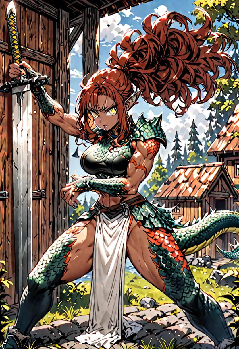 female, sfw, very tall, fit, abs, muscular, thin waist, tan, long auburn hair, scars, ponytail, big hair, wild hair, yellow eyes, slit pupils, red dragon tail, red head fins, red scales on arms, scale hands:1.3, dragon claw hands, day, beaming smile, very large breasts, medieval town, fire tail, white sundress, date, 