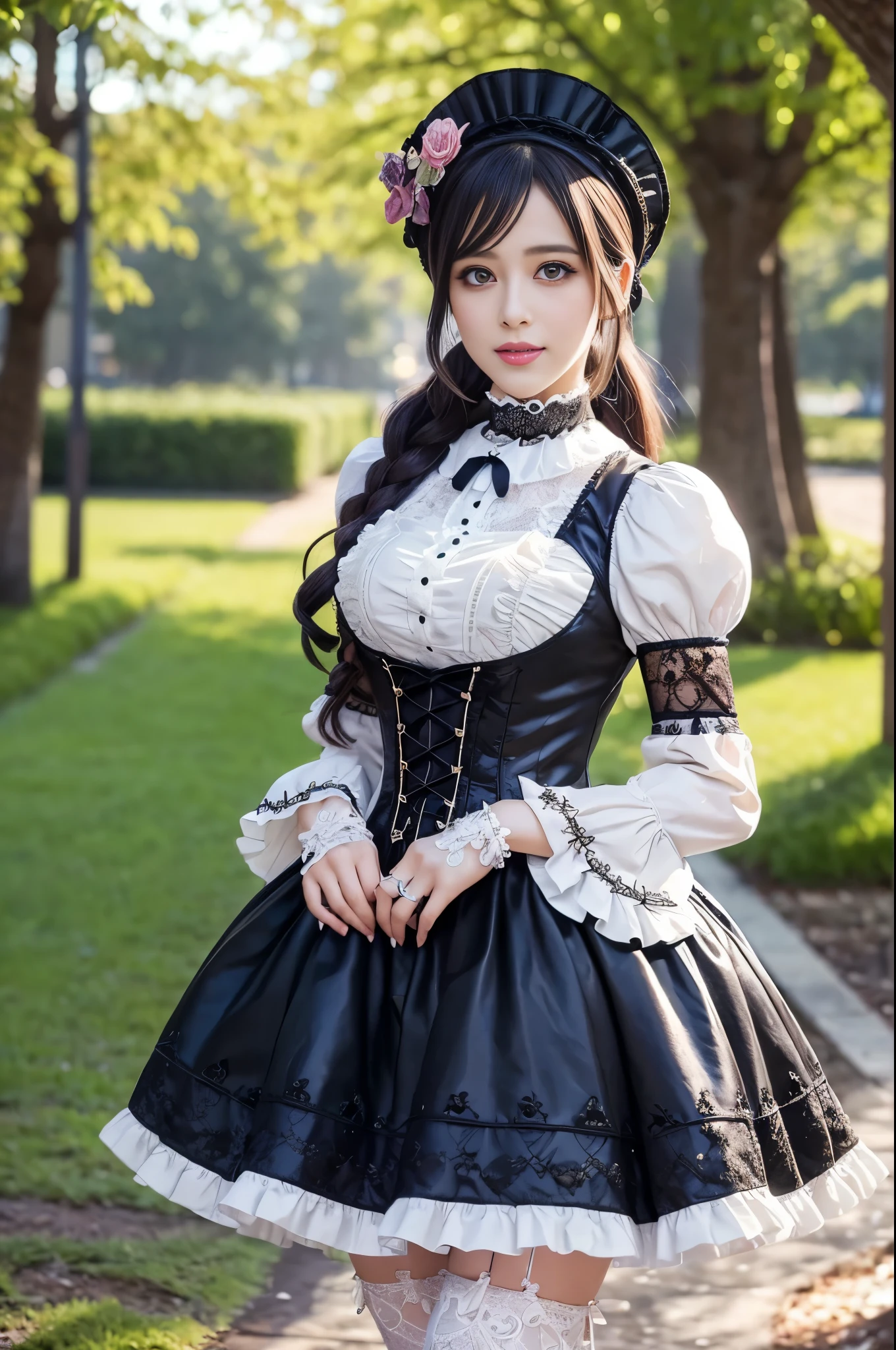sexy stylish Swedish model, only 1 female, ((doll-like appearance)), ((ultra detailed Victorian-Style boots)), beautiful smile, ultra detailed eyes, vivid eye makeup, lipgloss, long lashes, defined eyebrows, ((sexy Paradise Kiss cosplay)), bell-shaped skirt, petticoats, high neckline, puffed sleeves, (( ultra detailed lace)), ((ultra detailed embroidery)), intricate details, Paradise Kiss accessoires and matching headpiece, choker, ((large sparkling Paradise Kiss jewelry)), cinematic light, detailed large park background with trees 