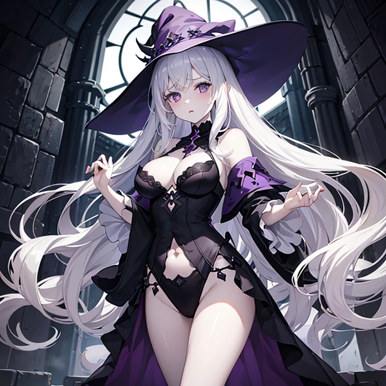 1 , pale skin, gray skin, white hair, white eyes, chaos witch, dark purple witch hat, dark purple clothes, dark purple dress, huge cleavage, bellybutton, thigh window, big breasts, in a castle at night