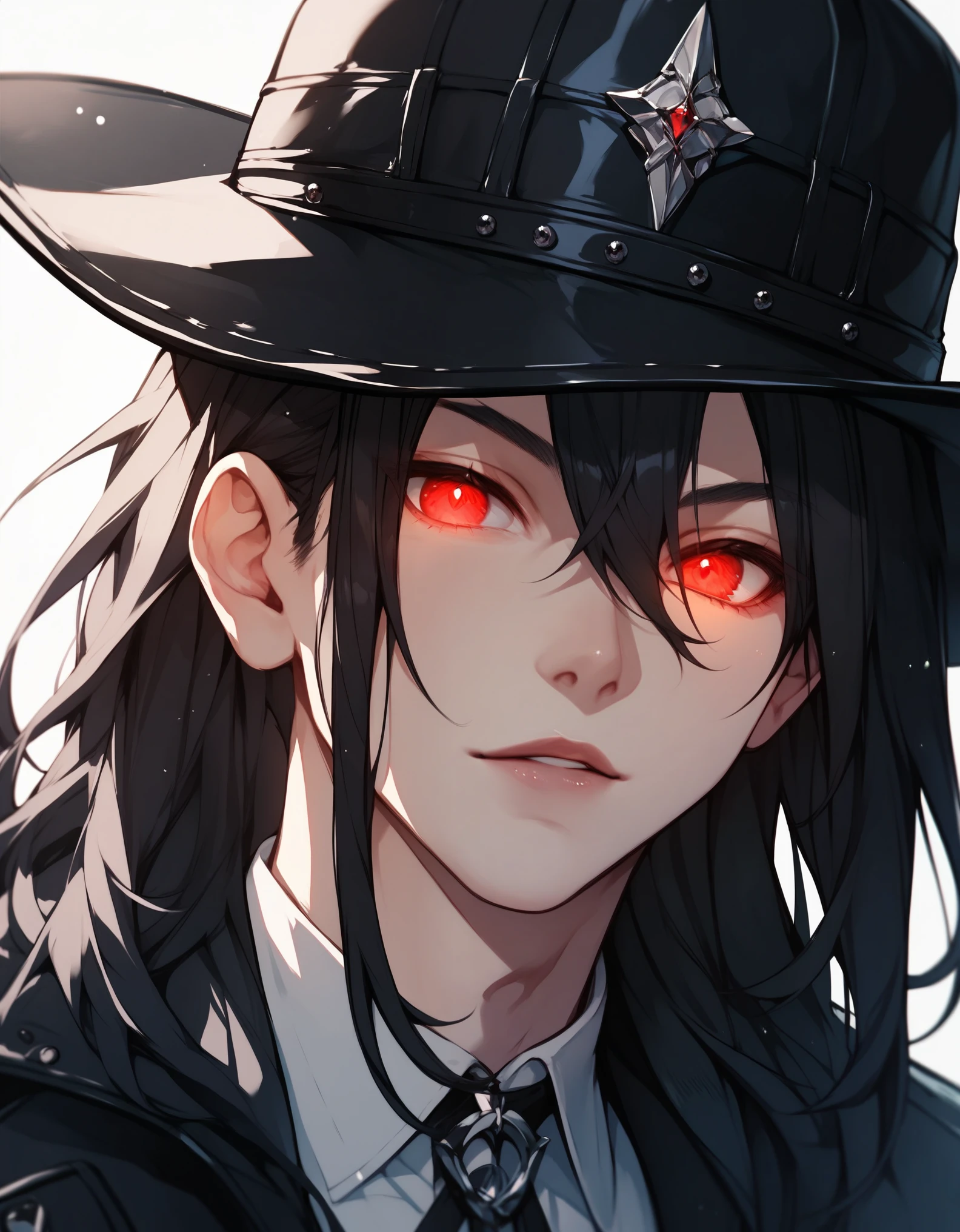 1boy, black hat, red eyes,glowing eyes, black coat, long hair,close-up, Dark style, score_9, score_8_up, score_7_up, score_6_up, score_5_up,
