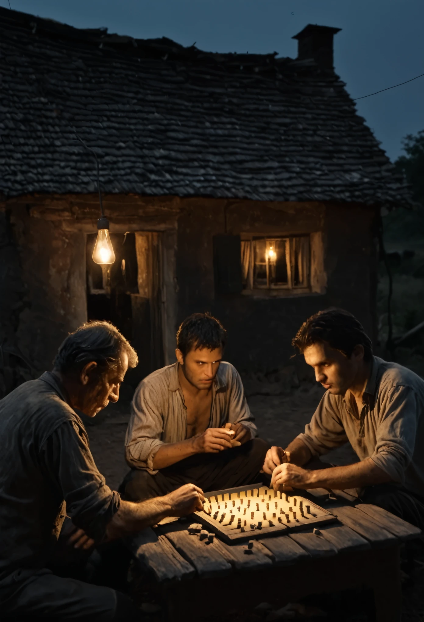 (Best quality, 4k, 8K, high resolution, Artwork: 1.2), ultra-detailed, (realistic, photorealistic, photorealistic: 1.37), dark, old clay house, low lighting with incandescent lamp, three poor men playing dominoes in front of the house, the environment is dusk, the men seem tired and drinking alcohol, tired and relaxed expressions, intense shadows, intensity in facial features, rich details in the textures of the house and the men's clothes, twilight atmosphere, dark and contrasting colors , elements of everyday life, conceptual art of a rural environment, realistic skin on men, dynamic poses of the players, theatrical lighting with emphasis on the incandescent lamp, background of an ancient village at dusk, earthy and dark color palette.