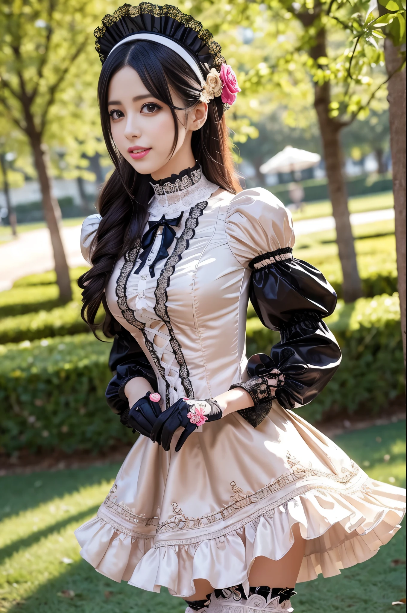 sexy stylish Spanish model, only 1 female, ((doll-like appearance)), ((ultra detailed Victorian-Style boots)), beautiful smile, ultra detailed eyes, vivid eye makeup, lipgloss, long lashes, defined eyebrows, ((sexy Paradise Kiss cosplay)), bell-shaped skirt, petticoats, high neckline, puffed sleeves, (( ultra detailed lace)), ((ultra detailed embroidery)), intricate details, Paradise Kiss accessoires and matching headpiece, choker, ((large sparkling Paradise Kiss jewelry)), cinematic light, detailed large park background with trees