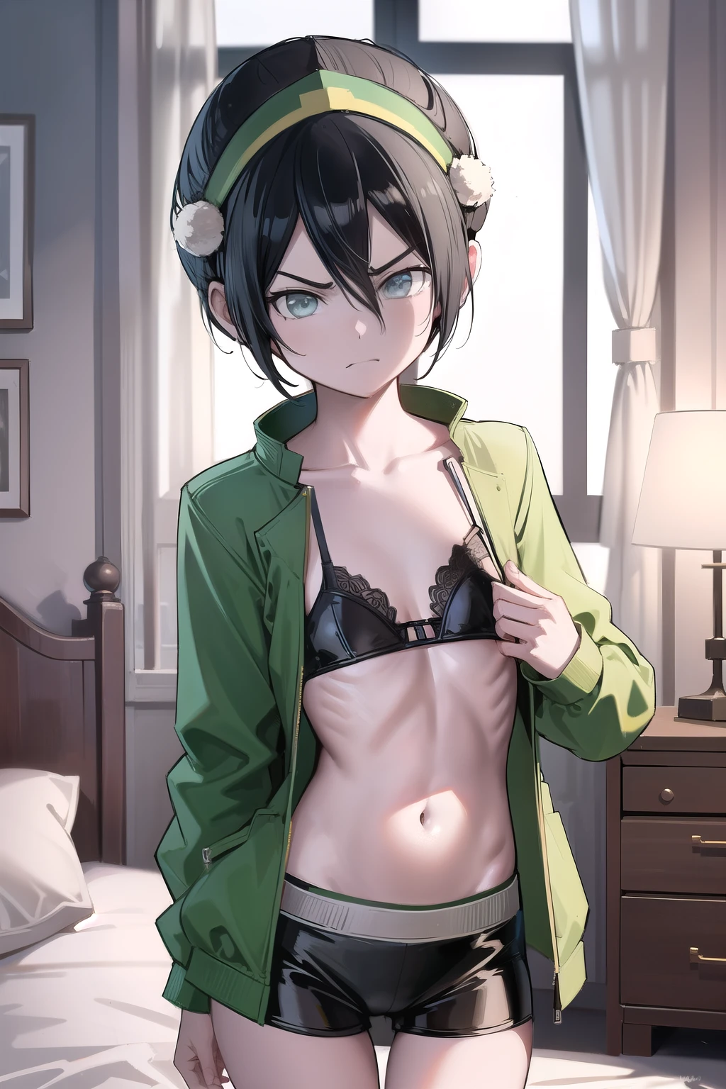absurdres, highres, ultra detailed, toph beifong , disappointed angry face , solo , gren jacket, open clothes, bra , flat chest ,shorts , looking at viewer , bedroom .