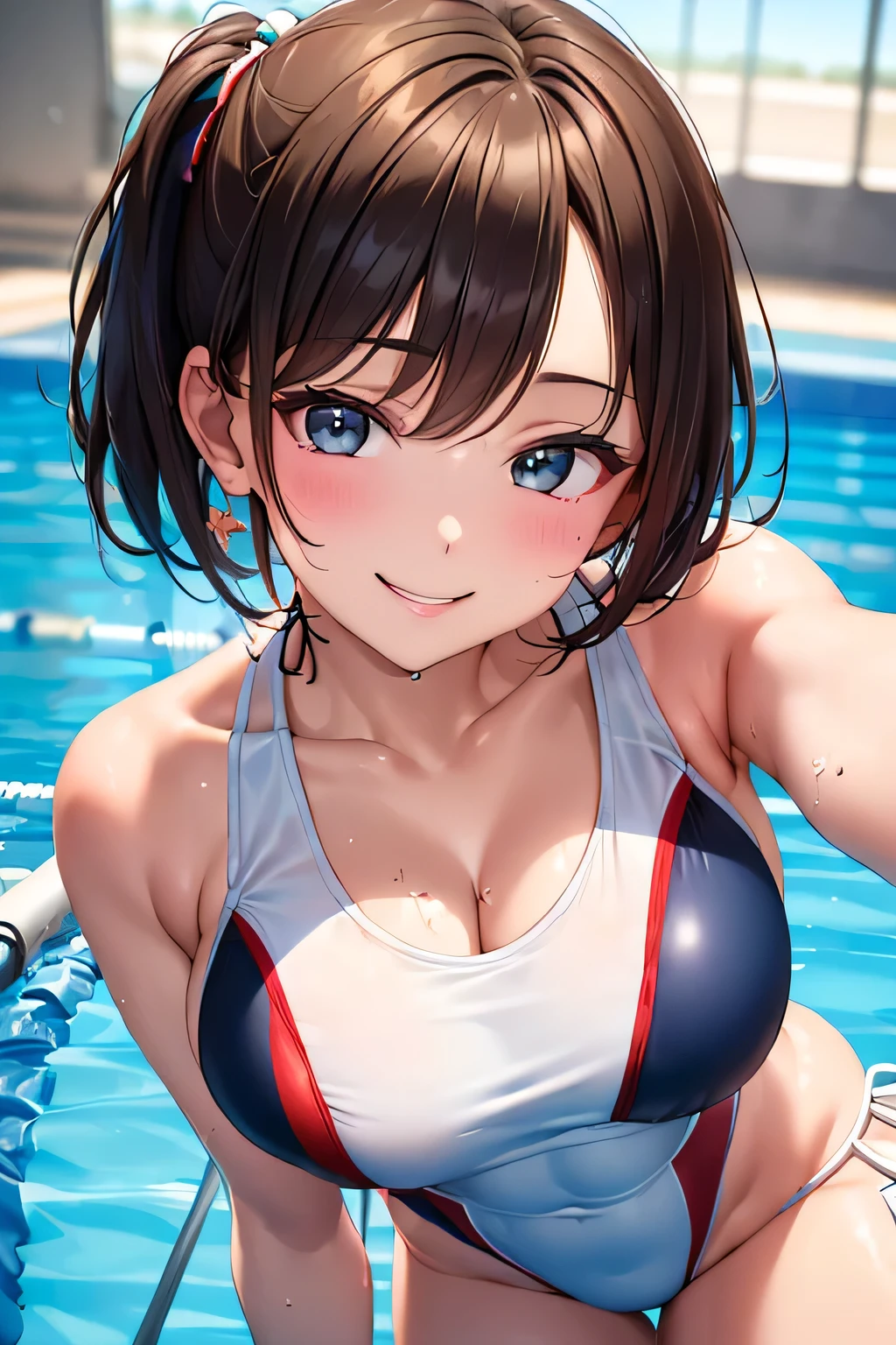 (((Competition diving board:1.3))),(((Sports towel))), (((Competition Pool 1.3))),((Competition Swimwear:1.7)),(((White one piece swimsuit))),Expressing happiness with a smile,Cute Face,Extreme close up of face,Shiny light brown and orange striped short hair,Perfect round face,iris,(hairpin、Floating Hair、),Big Breasts.Professional Lighting,Cinematic Light,(Tabletop,highest quality,Ultra-high resolution output images,) ,(8K quality),(Picture Mode Ultra HD),