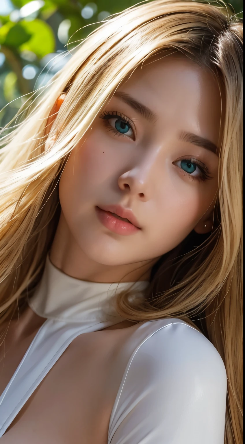Strong light, Strong contrast, In an open-roofed cave、Sunlight shines through green moss and ferns。, And open( Ocean View:1.1) end, Cel-shaded rendering, 4K, 360 degrees, Equirectangular projection, what, One Girl, 30-year-old woman、Beautiful woman、Long Blonde Hair、White Latex Leotard、White long boots、White arm covers、masterpiece, 最high quality, high quality, High resolution, (((Face close-up)))、Large Breasts、Cleavage、Sexy Looks