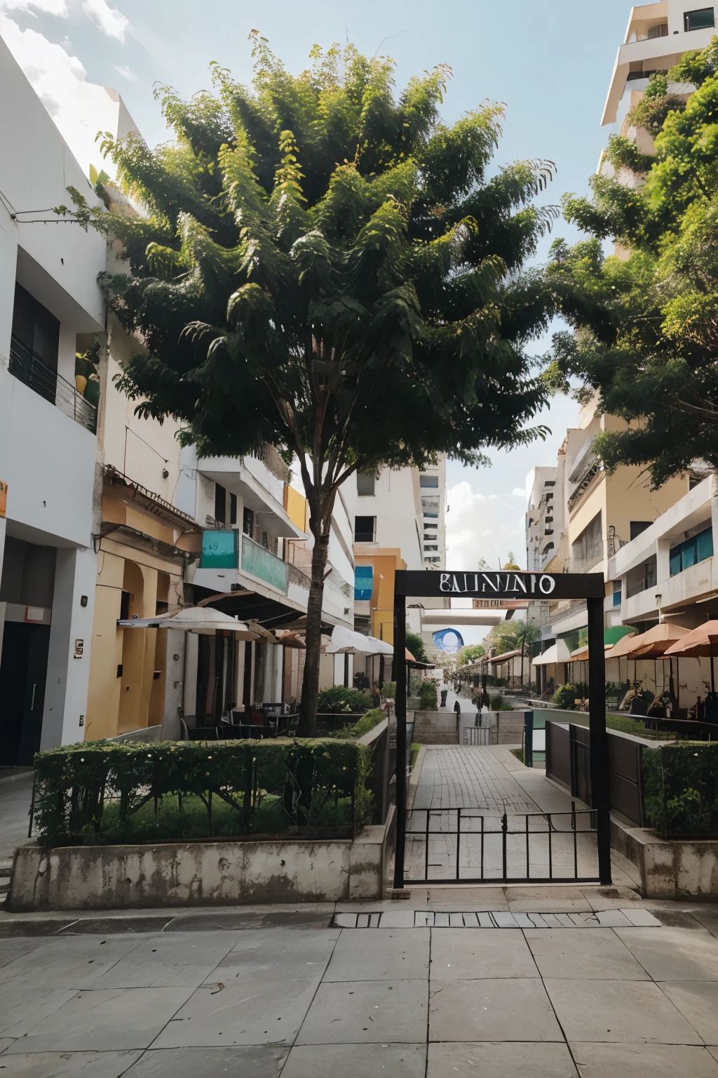 Un local llamado "Batidos del Huerto" as a sign in that place in Latin Spanish and that is located in a modern plaza in Panama.