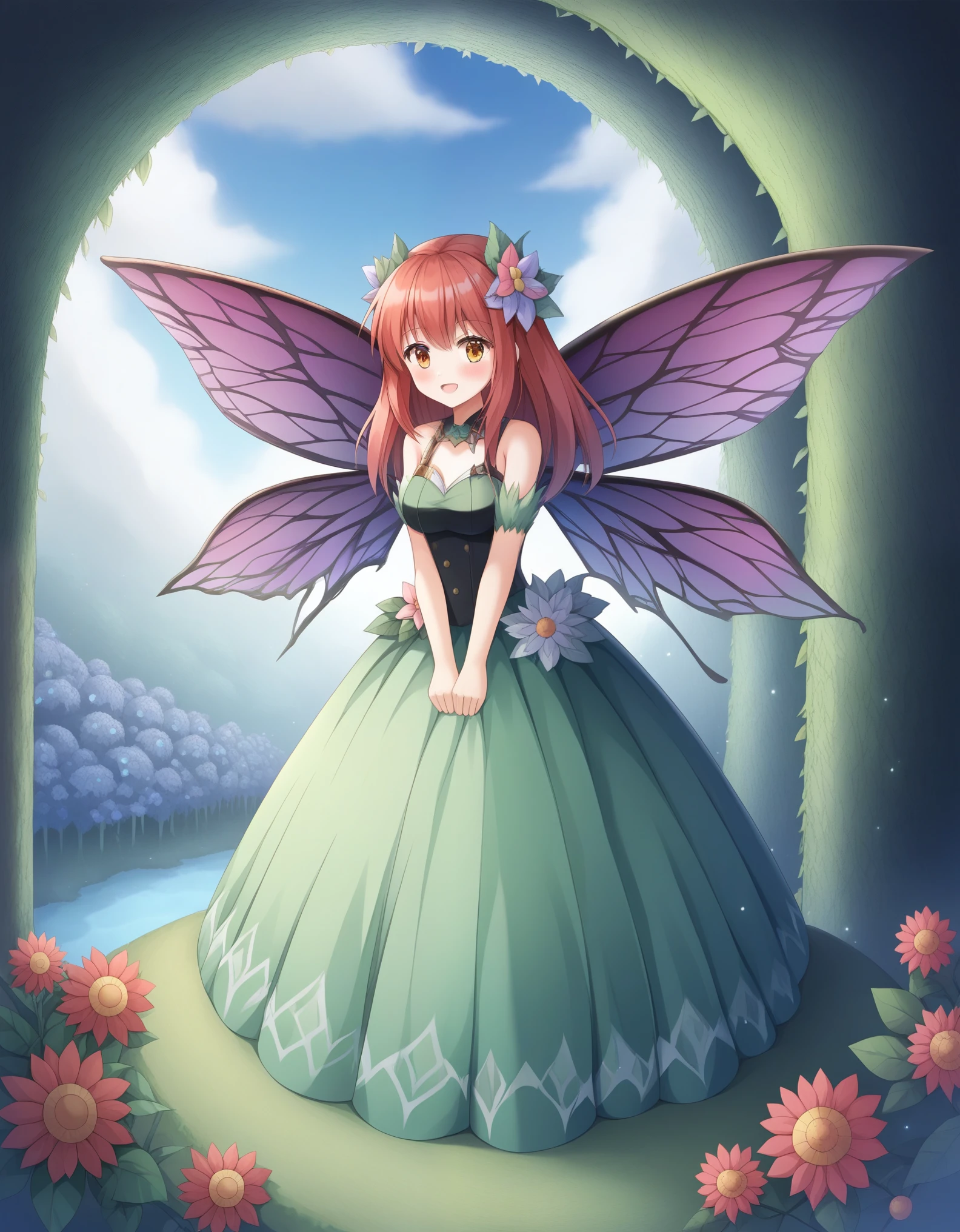 masterpiece, best quality, ultra detailed, anime style, within a mystical forest, a monster girl with wings made of iridescent beetle shells hovers above a clearing. Her powers over nature create a surreal scene as flowers bloom and vines twist at her command