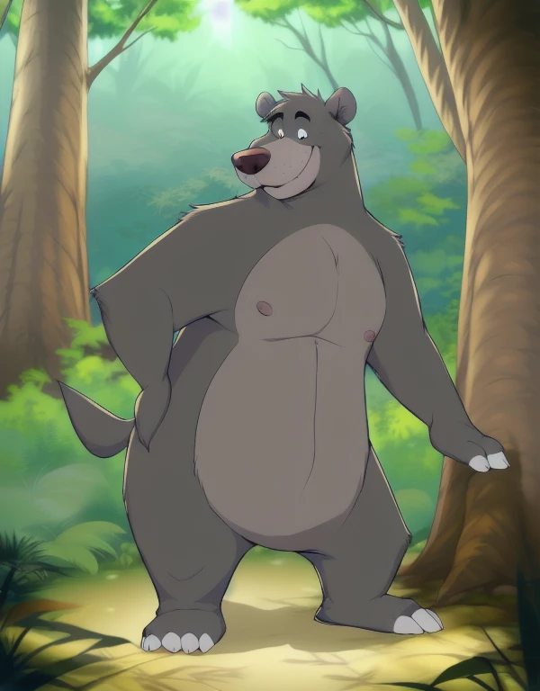 (((detailed eyes, detailed face))), (feral, baloo bear, no human), male, (solo), (plump), (nude, topless), standing, arms behind back, smile, (by bna_v5, by inkudoragoon, by kicktyan), forest, light environment, soft shading, 8k, UHD, masterpiece